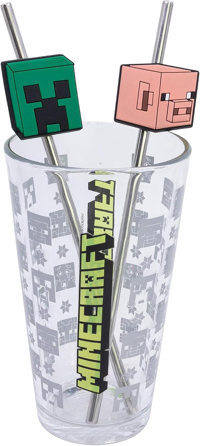 STOR Glass Cup Set with Stainless Steel Straws Minecraft 480ml - BPA Free, Perfect for Cold and Hot Drinks
