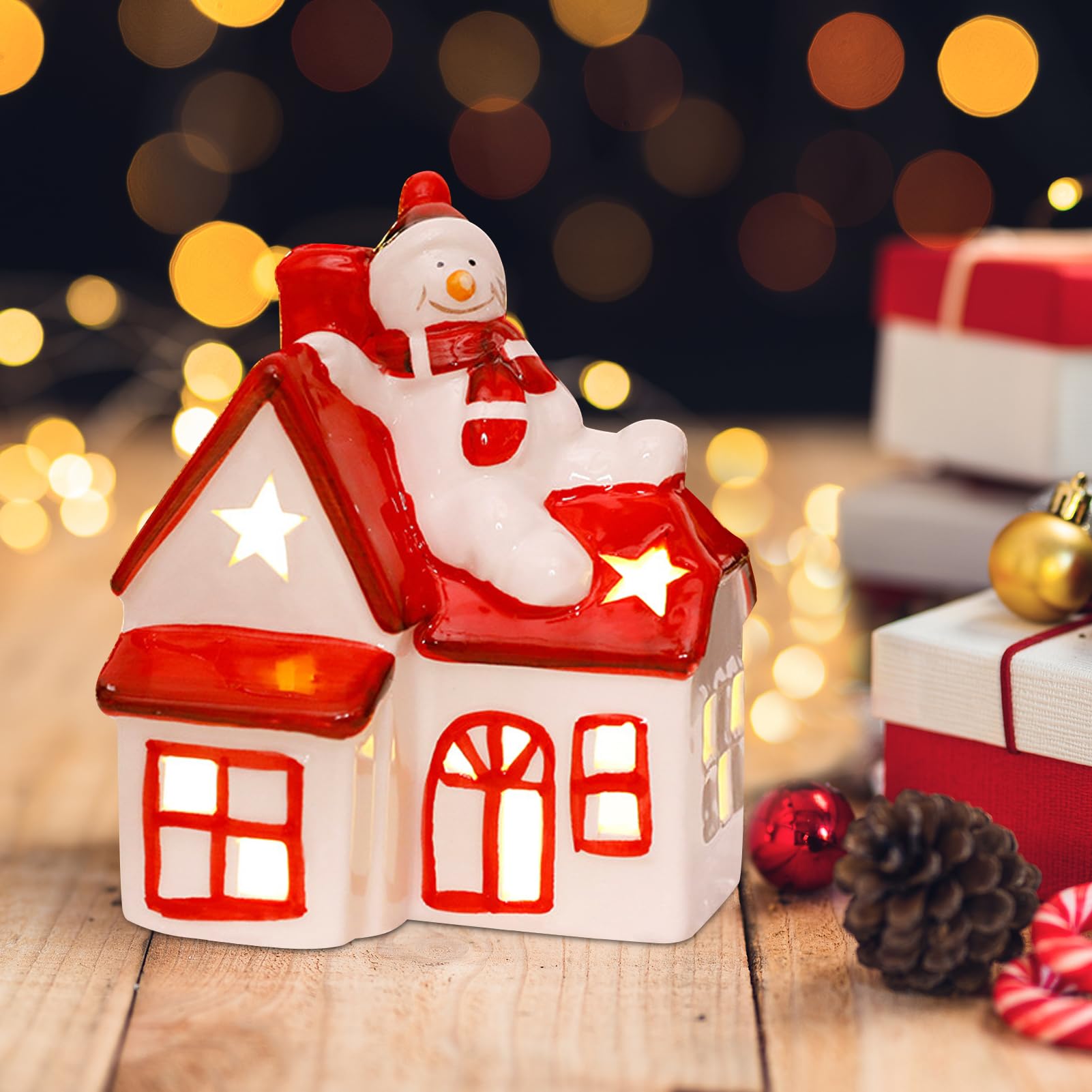 Weihnachtsdeko LED Weihnachtshäuser Beleuchtet,Keramik Weihnachtsdorf mit Beleuchtung,Weihnachtsdorf Häuser mit LED Licht, Porzellan Lichthaus