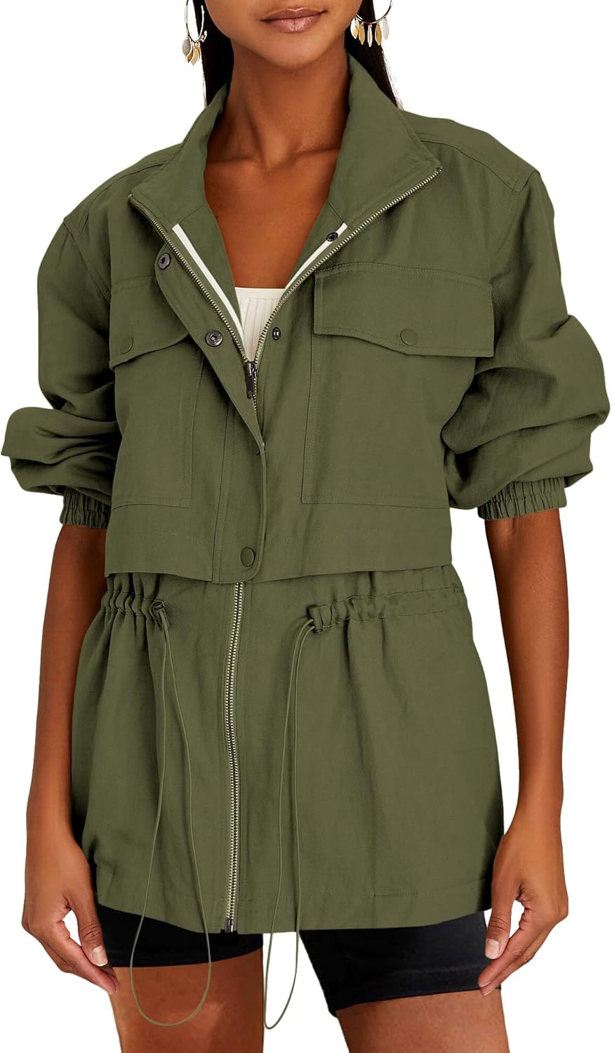 FSHAOES Womens Military Anoraks Zip Up Utility Drawstring