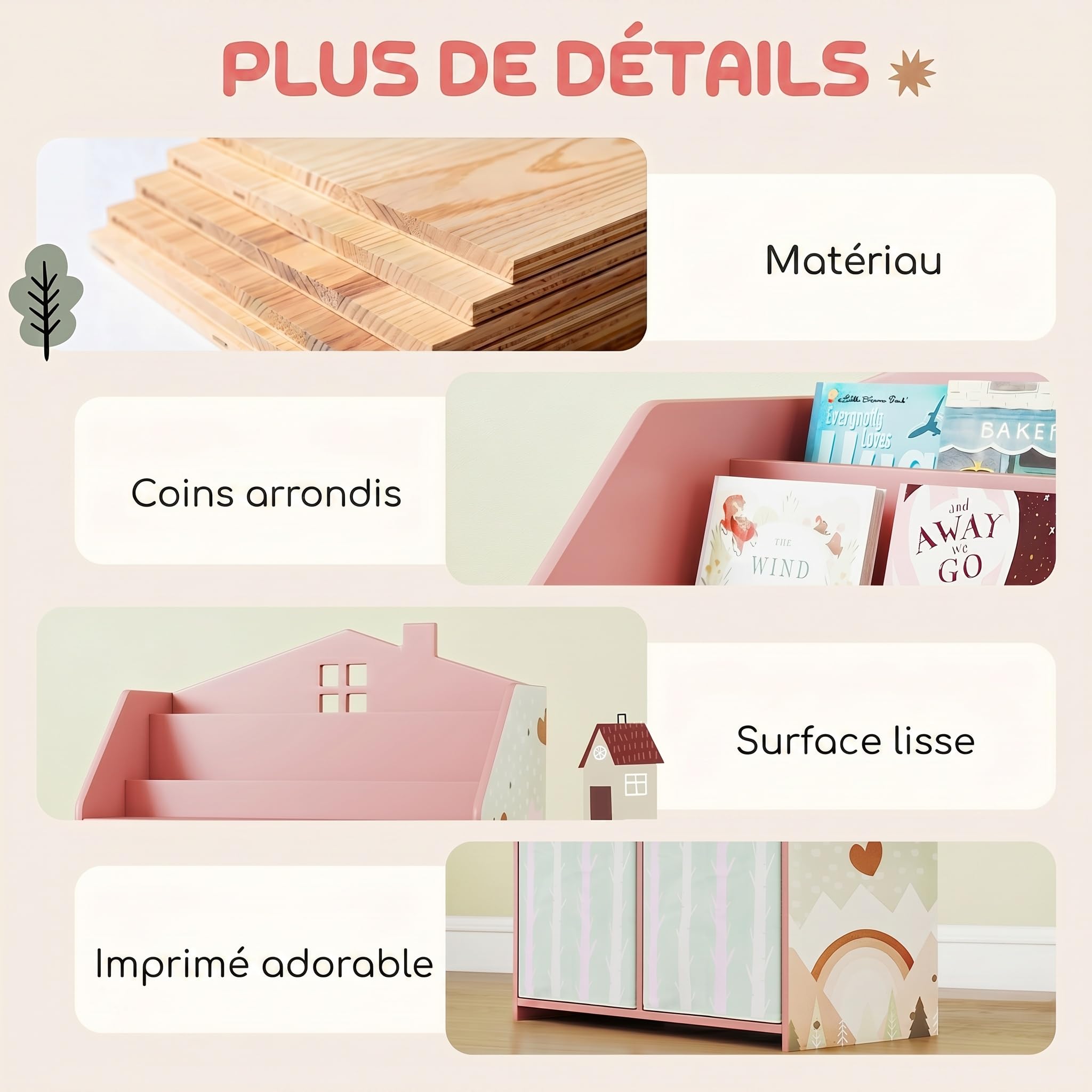 AIYAPLAY Meuble Rangement Enfant, bibliothèque Enfants avec étagères Ouvertes et 2 tiroirs en Tissu, Forme de Maison et Motif de Renard, Rangement Jouet pour Chambre d'enfants Salle de Jeu, Rose
