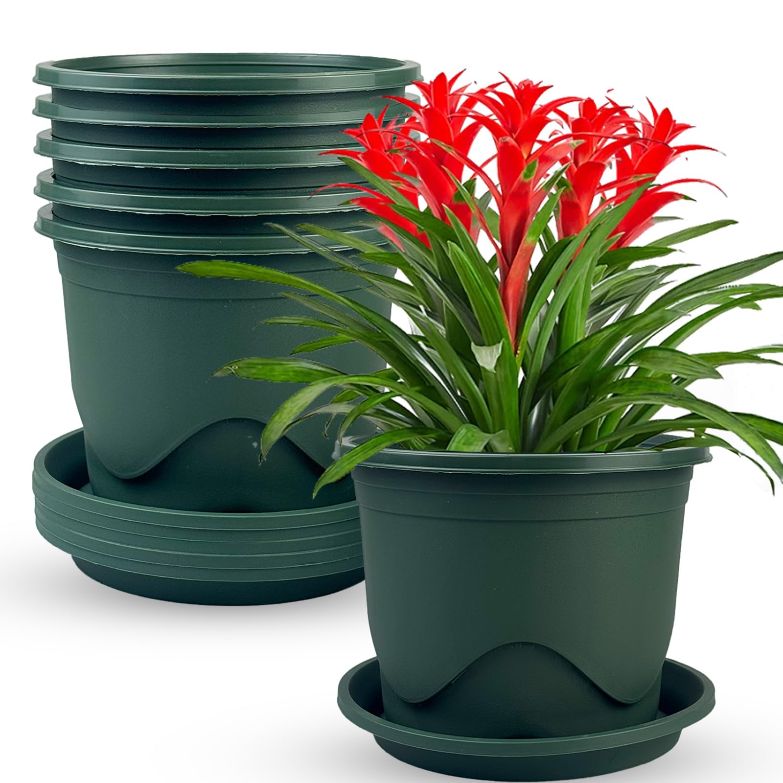 TEYIAN 6 Pack Plastic Plant Pots 16cm/6.3-in Flower Pots with Drainage Holes and Tray Modern Decorative Planter Pot Indoor Outdoor Planters for All House Plants