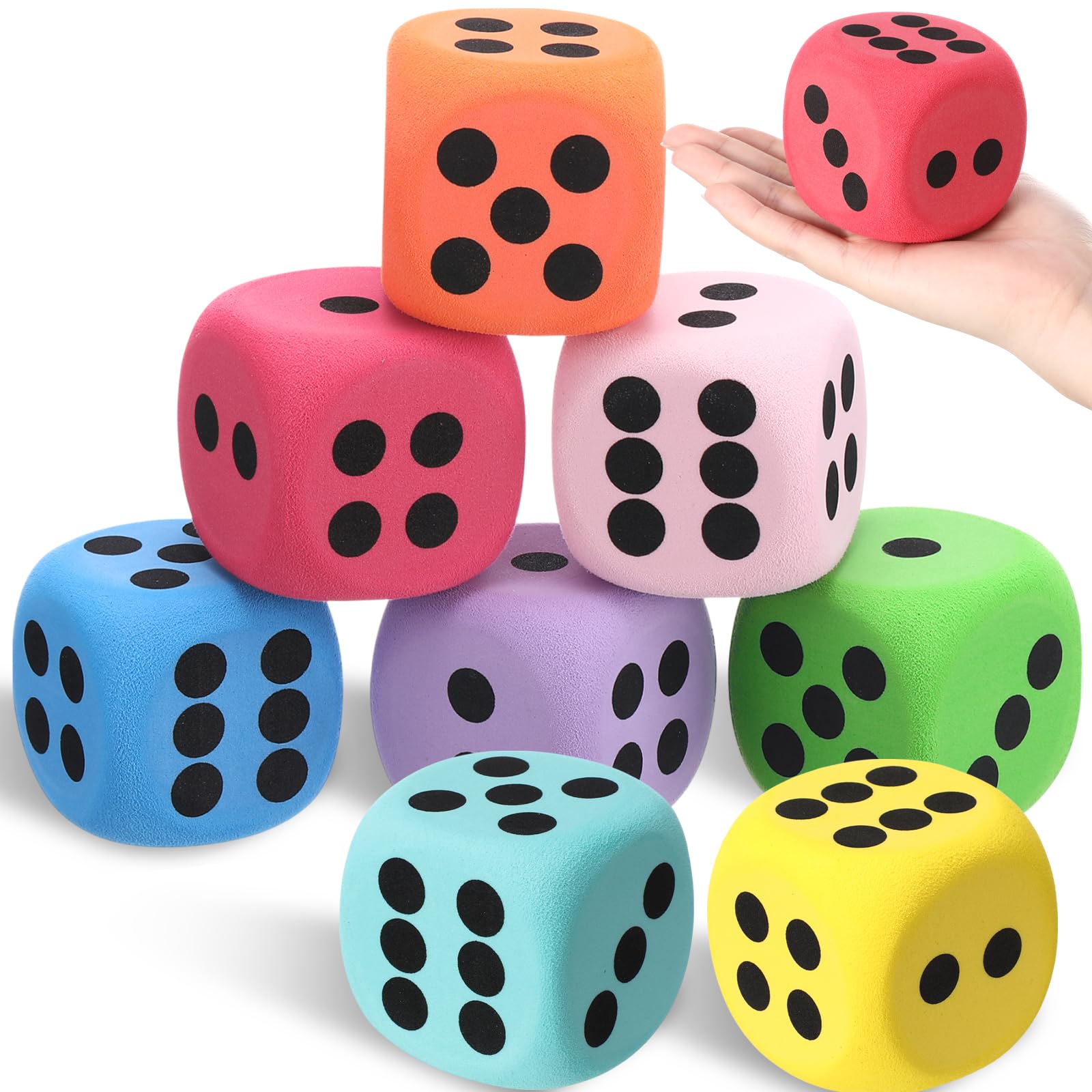 Halloscume 8 Pcs Large Foam Dice Colorful Dice Set Big Giant EVA Dices Foam Cubes with Number Dots for Math Building Fun Night Party Learning Session(Round,Dot,2.4 Inch)