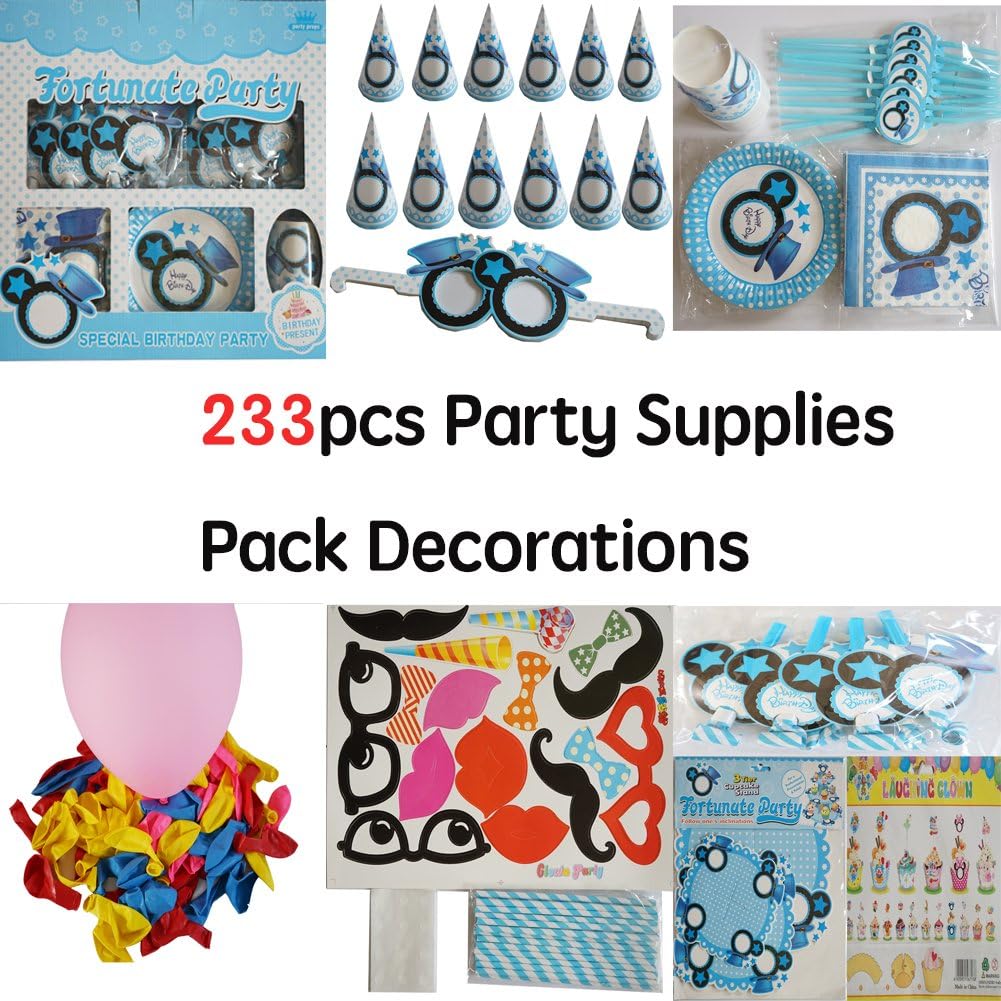 TYJJ Kids Birthday Party Decoration Supplies Kit for Boy and Girl, Birthday Bash In A Box Include Paper Tableware and Festive Accessories (Blue, 12 guest 233 pcs)