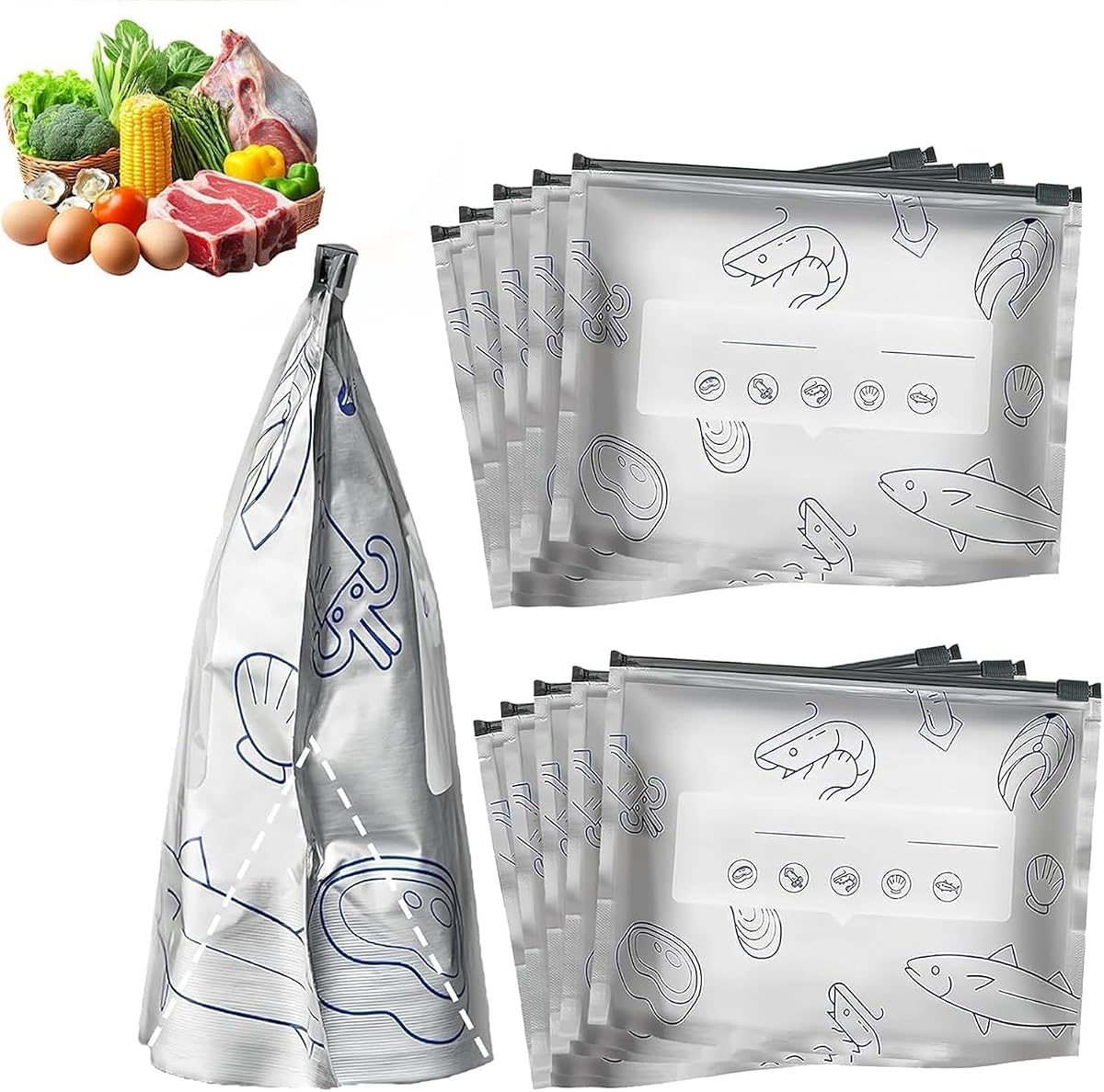 2026 New Reusable Aluminum Foil Sealable Storage Bags, Upgrade Resealable Vacuum Zipper Pouches with Label, Stand Up Foil Sealable Bags for food, Vegetable and Fruit Meat (10PCS, Medium)