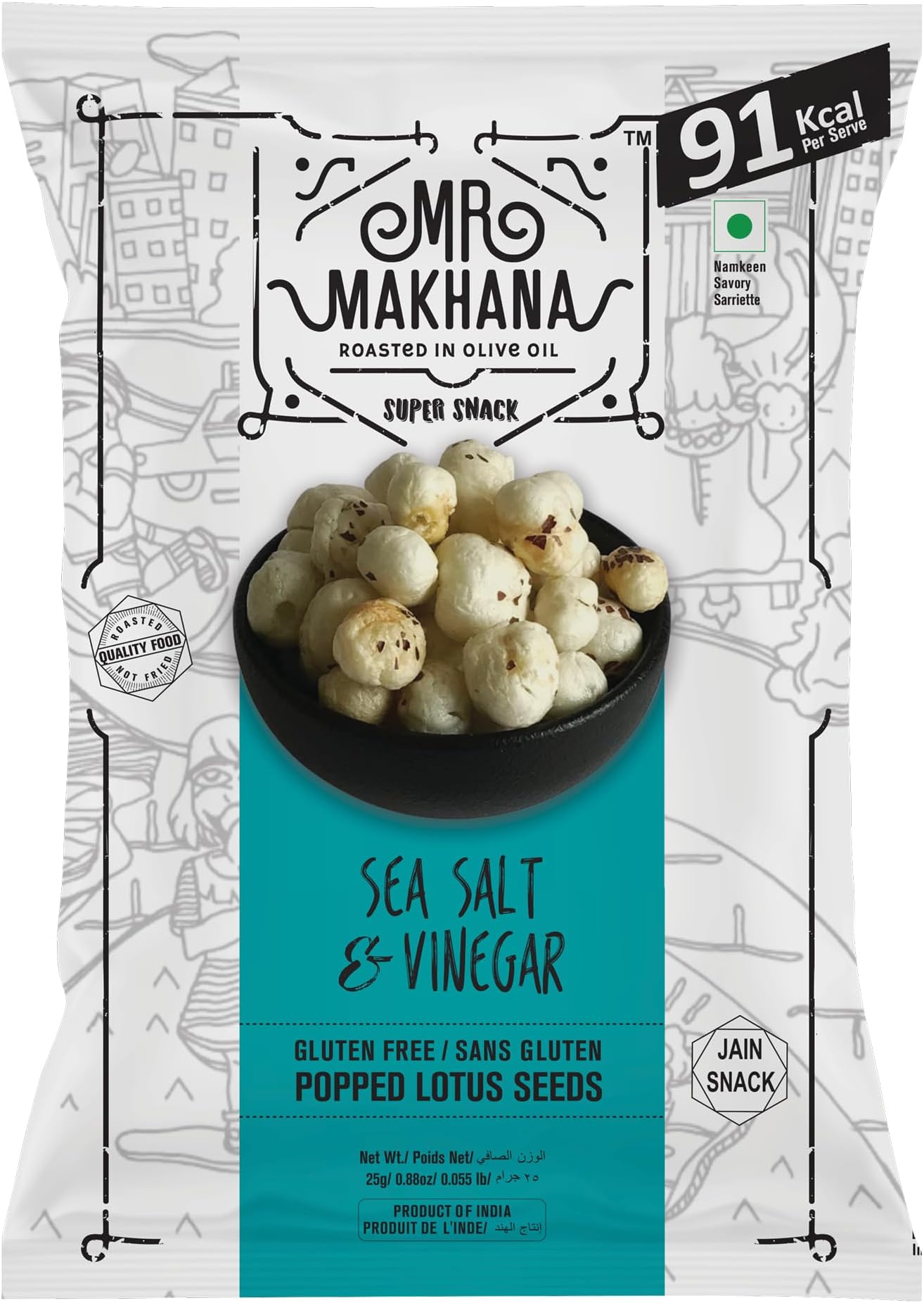 Mr Makhana Sea Salt & Vinegar 25g I Gluten-free I MSG Free I Healthy Snacks I Roasted in Olive Oil I Zero Trans Fat I Rich Calcium I Roasted Makhana & Foxnuts