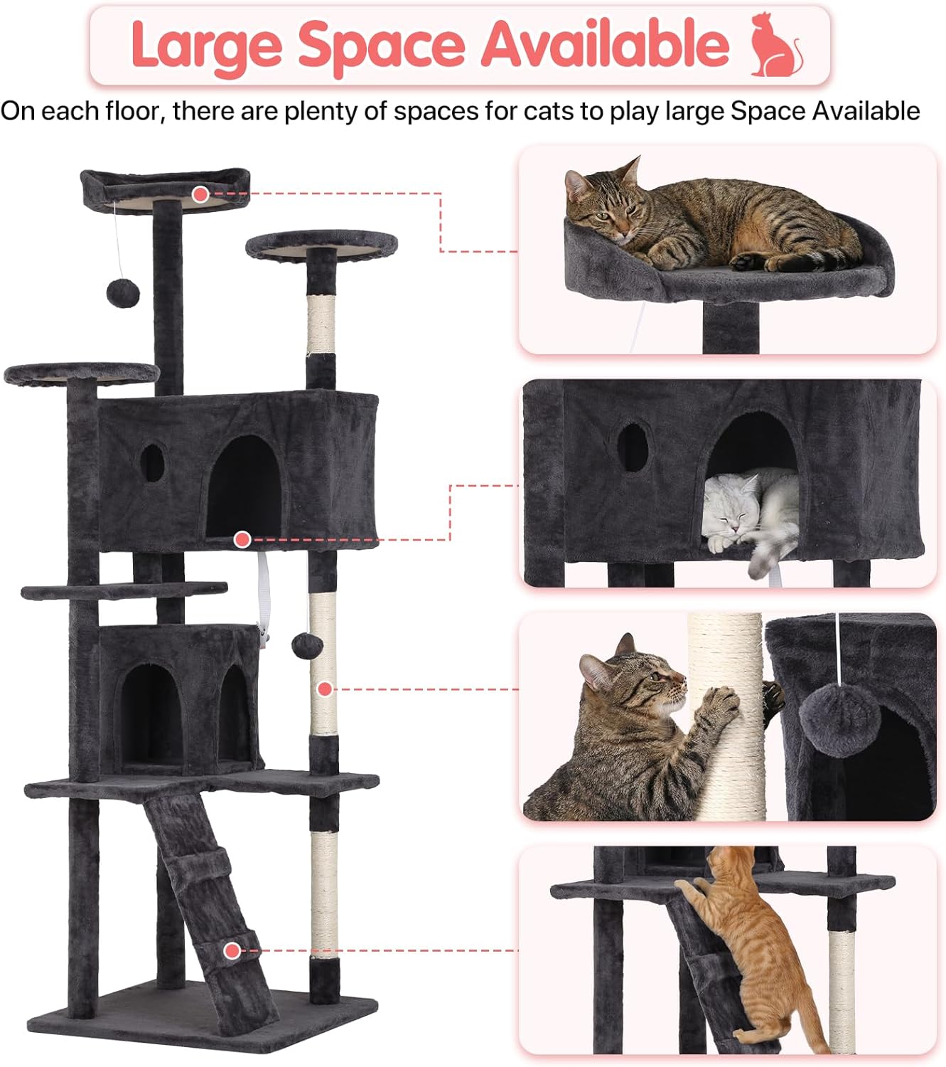 70in Cat Tree Cat Climbing Tower with Scratching Post, Cats House Perch Kitten Tree Condo Wood Playhouse, Pet Trees Tower for Indoor Cats, Dark Gray