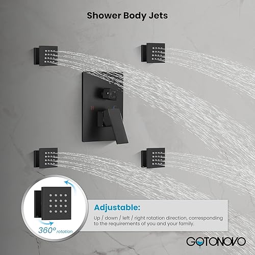 Miniatura 4 de gotonovo Juego de grifo de ducha mezclador de lluvia montado en el techo, cabezal de ducha cuadrado de 12 pulgadas con 4 chorros rociadores