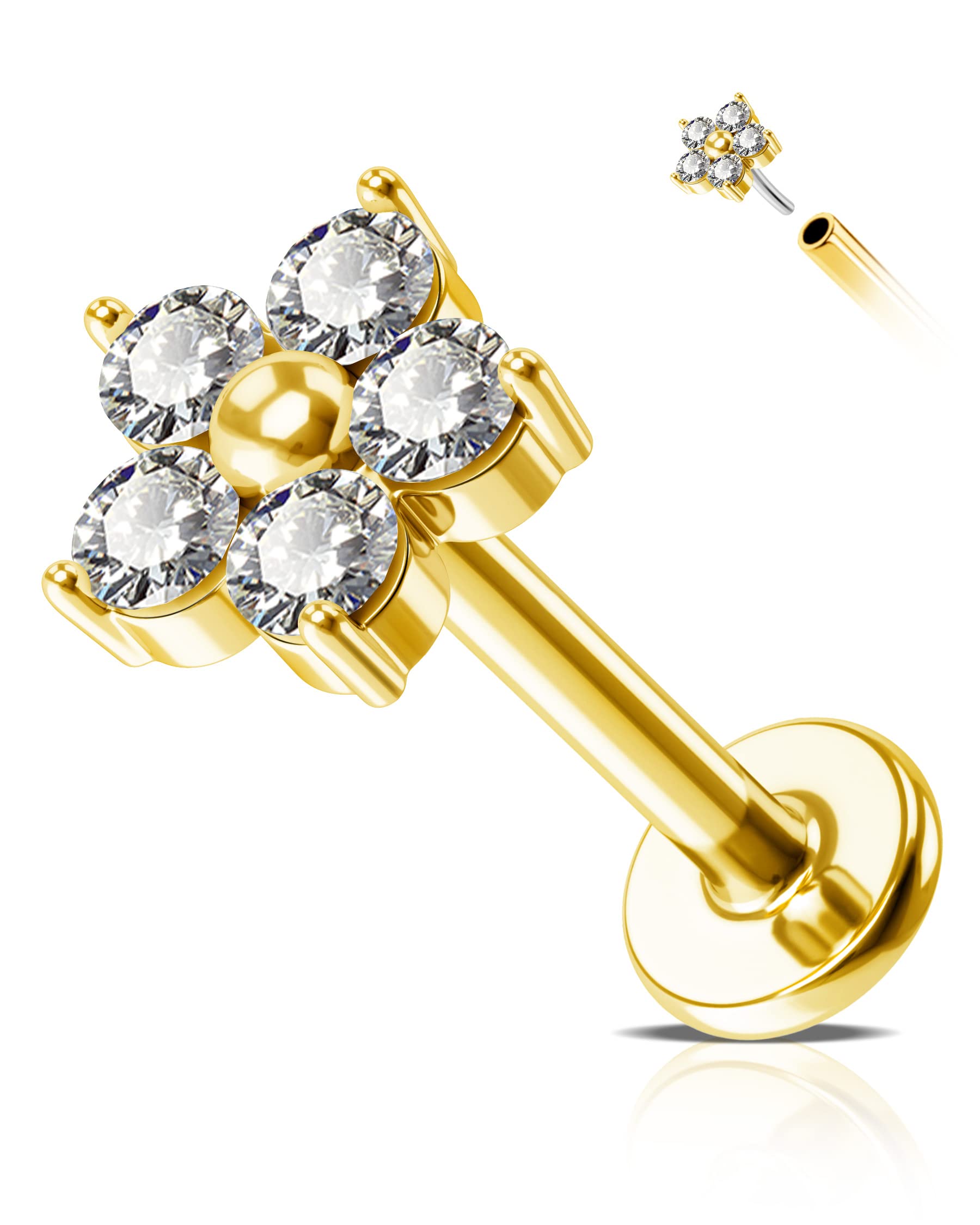 Jewseen14K Gold Top Push in Threadless CZ Flower Flat Back Stud Opal Cartilage Earring Nose Stud Lip Ring Threadless Earring Helix Stud Tragus Piercing Jewelry for Women Men