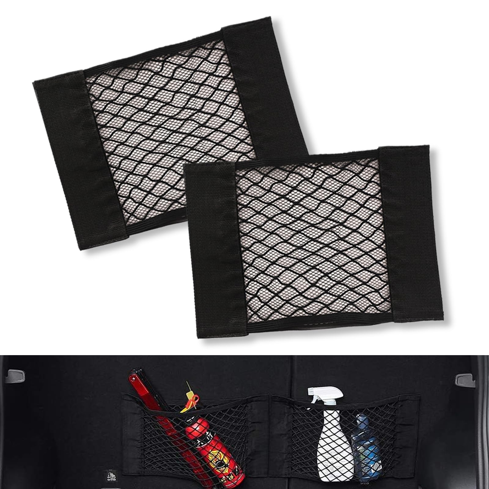 GKmowGKmow 2 PCS Car Elastic Storage Mesh Bag, 9.84" x 11.81" Velcro Seat Back Double-layer Mesh Garbage Bag, Multi-functional Compact Hemming Accessory, Universal Suits for Most Models (Black)