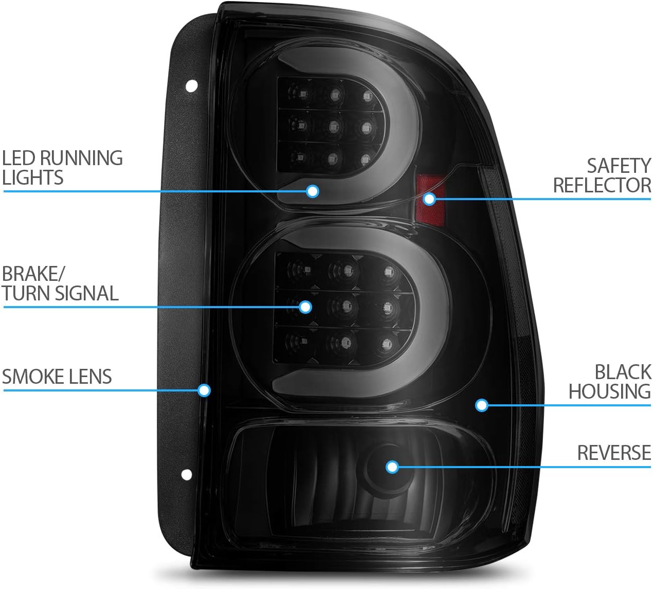 AmeriLite for 2002-2009 Chevy Trailblazer/EXT Smoke Black C-Type LED Tube Tail Lights Brake Lamps Pair - Driver and Passenger Side