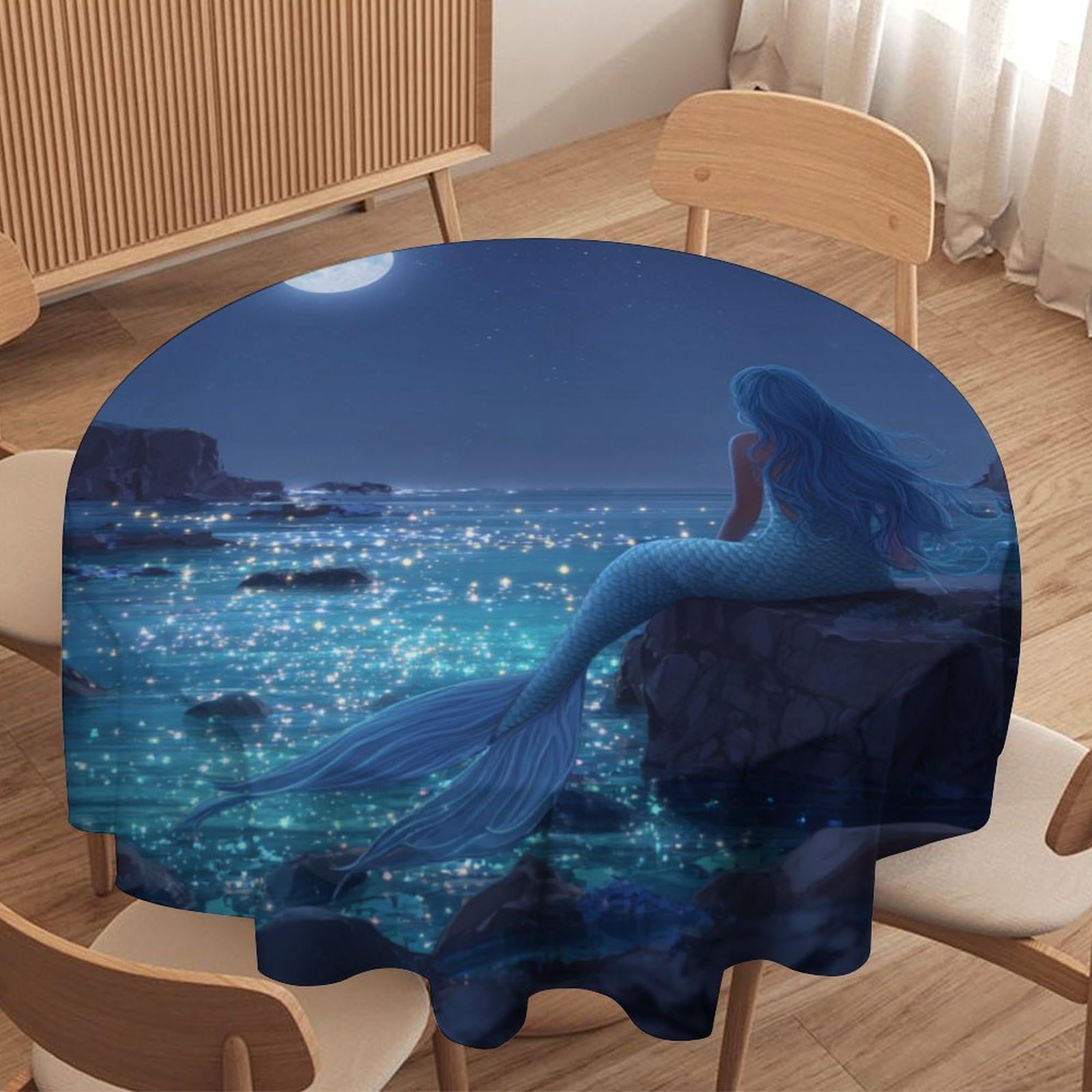 LUYYSKY Fantasy Nautical Elegant Mermaid Round Tablecloth Modern Aesthetic Full Moon Galaxy Mermaid Print Washable Decor for Table Cover for Kitchen-127 Wx127 L cm