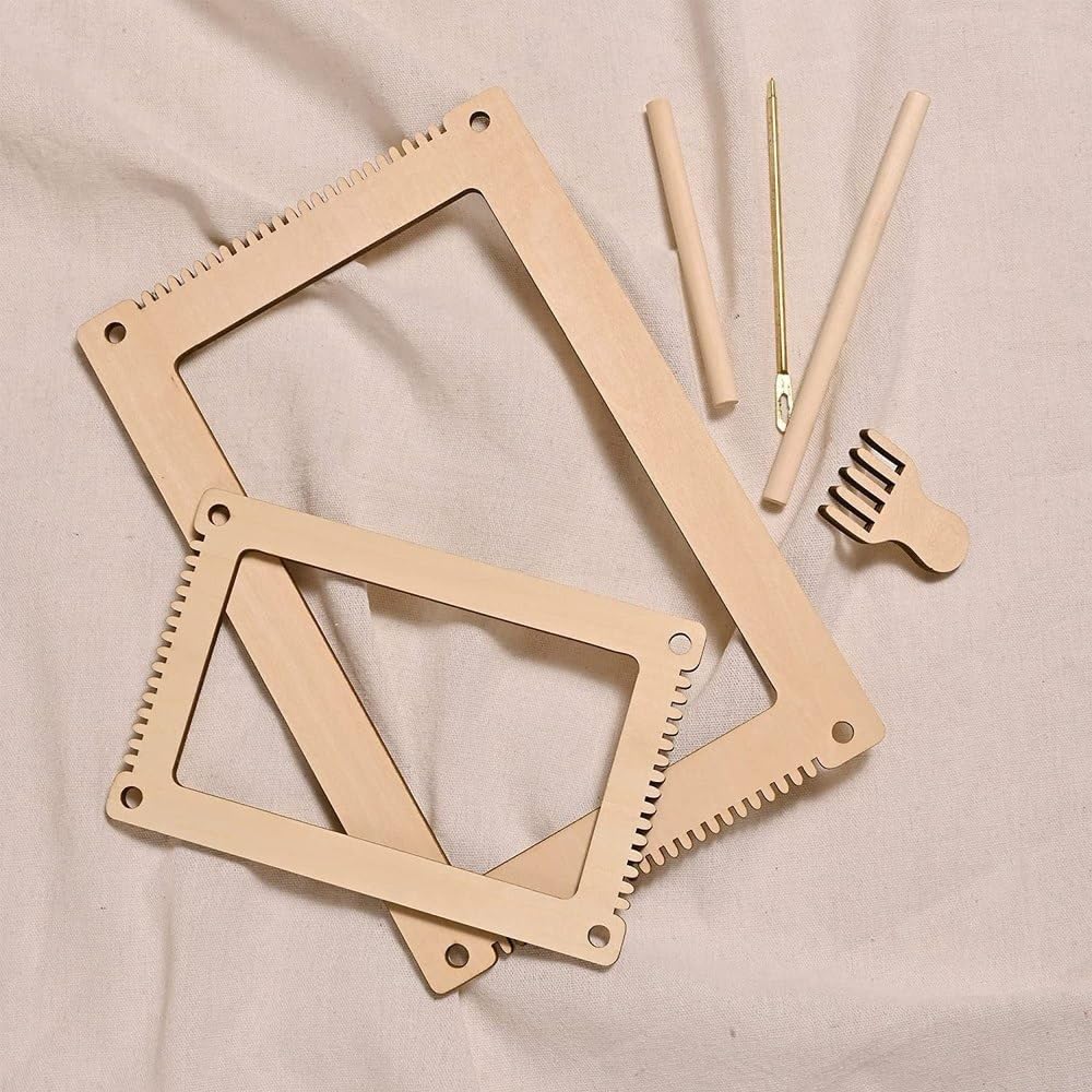 Curious Button Pack of 6 Wooden MDF Weaving Loom Kit | 2 Sizes Weaving kit, Shuttle & Comb | DIY Hand Weaving Tool for Kids & Adults – Craft, Art & Textile Projects Weaving Loom kit 1