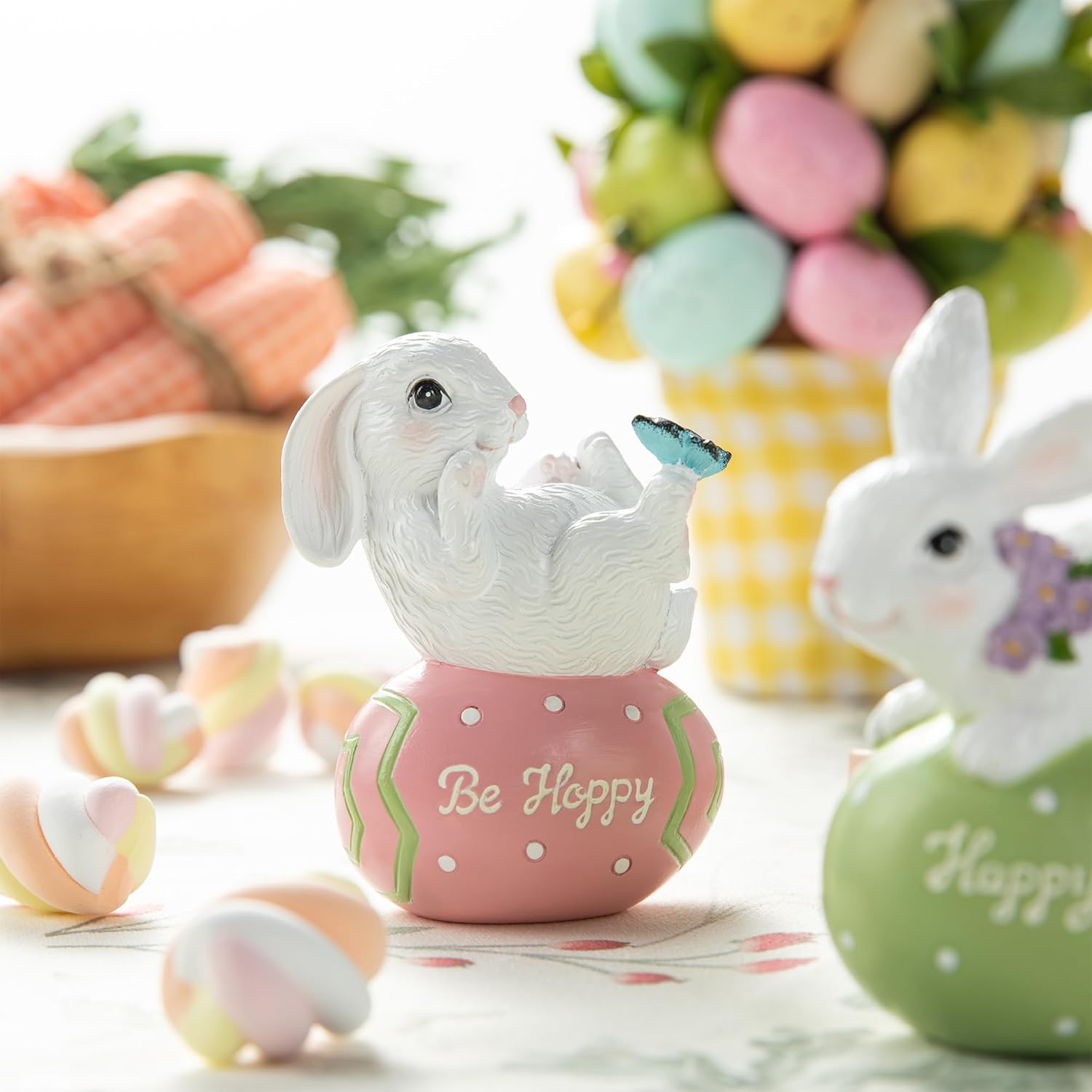 Glitzhome Set of 3 Resin Easter Bunny Figurines Table Decors for Spring Easter Party Supplies Props, 4.5''H