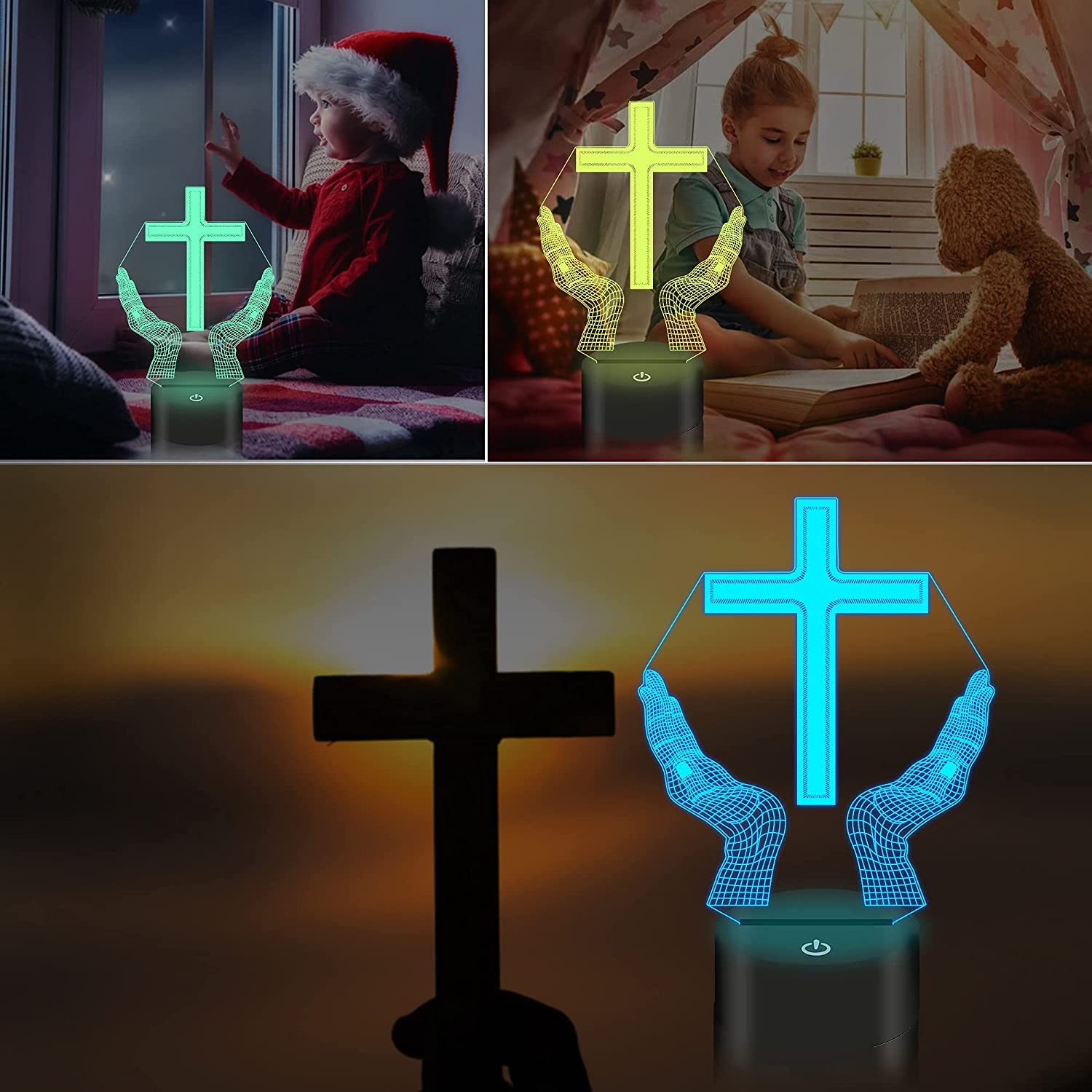 Lampe 3D Croix Jésus 16 Couleurs - Veilleuse Acrylique LED Avec Télécommande