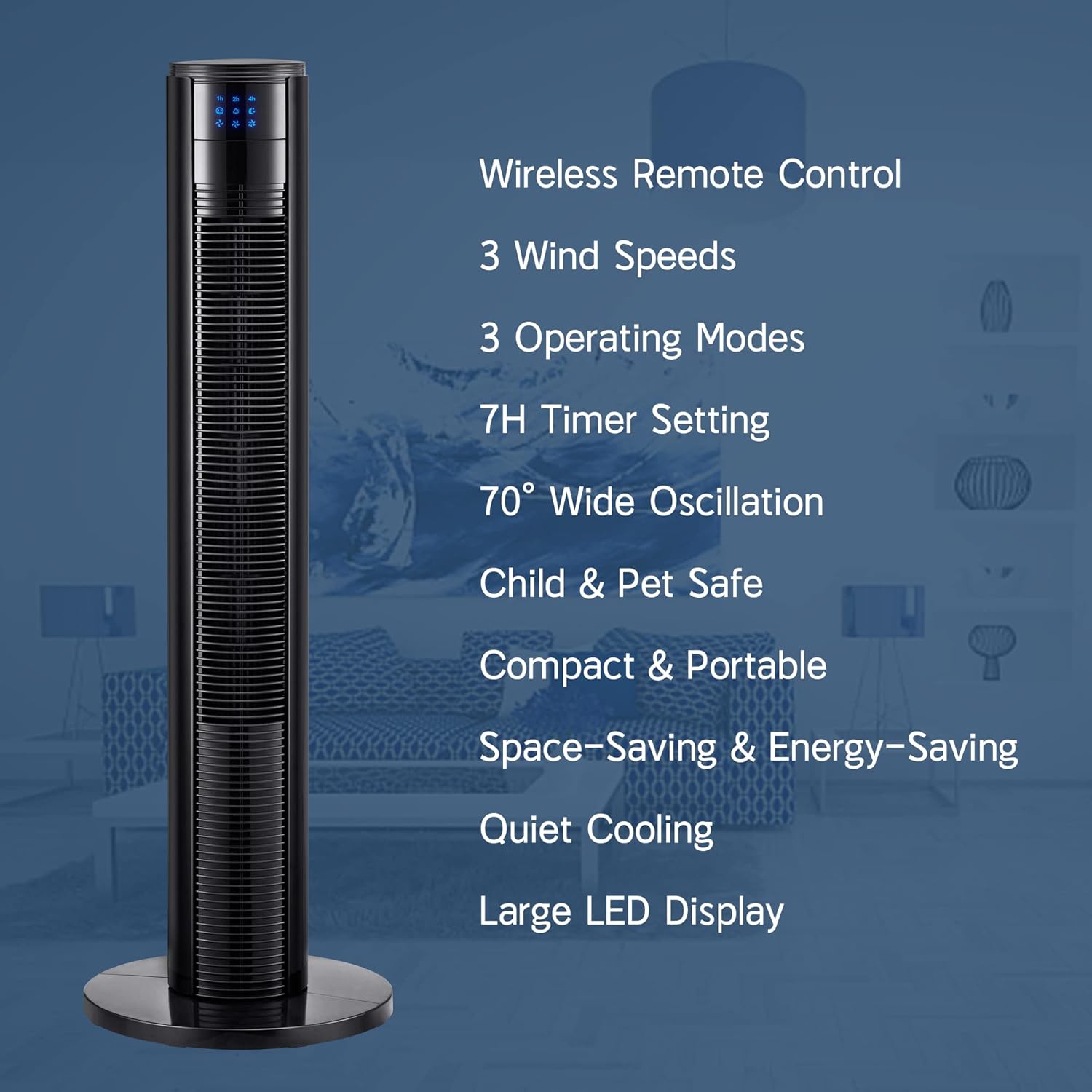 Buy AKIRES 35” 70° Black Oscillating Tower Fan 7H Timer,3 Speeds,3