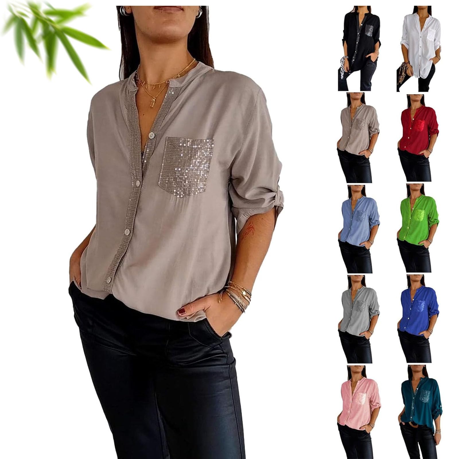 Polyester V-Neck Sequin Mid-Sleeve Casual Top, Glitter V-Neck Sequin Mid-Sleeve Casual Top Button Down Blouse