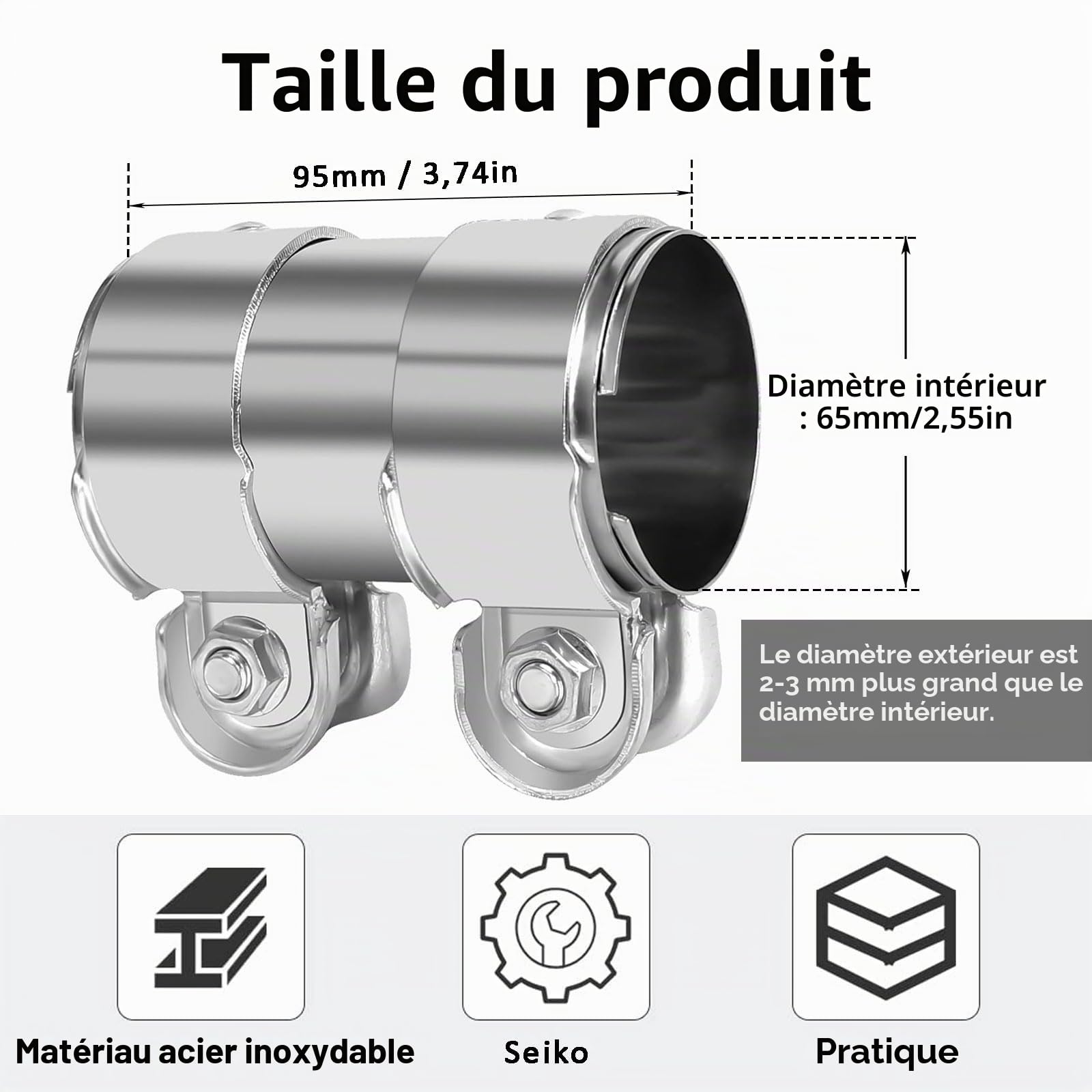 Collier Manchon Raccord Echappement, 65 X 95mm Borne de Tuyau D'échappement Diamètre, Raccord de Tuyau D'échappement, Bande Tuyau Silencieux D'échappement en Acier Inoxydable, pour Bateaux
