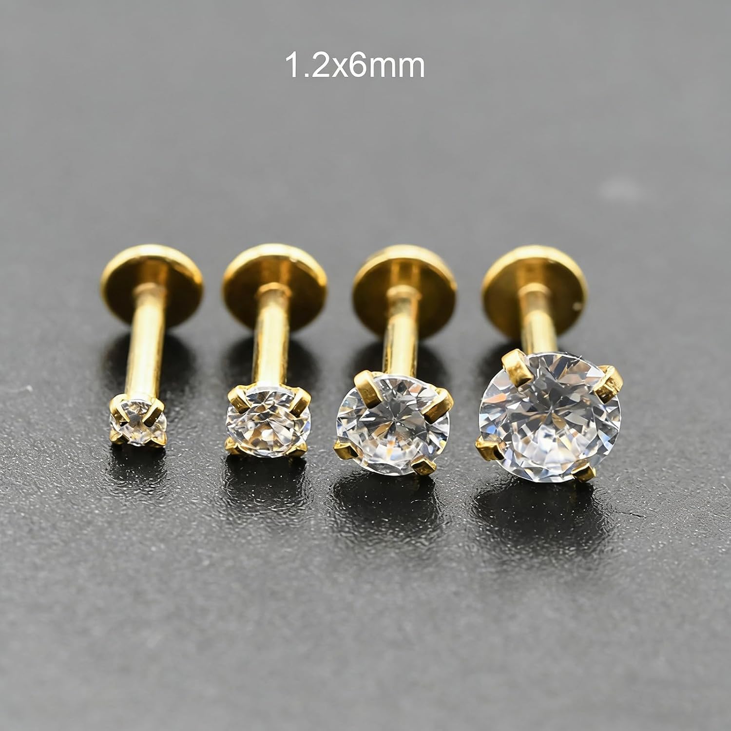 4 Pairs 316L Surgical Steel Nose Stud with 2-5mm Round CZ Tragus Labret Stud Flat Back Helix Cartilage Earrings Lip Medusa Piercing Conch Body Jewelry Nose Piercing Studs 16G 1.2x6/10mm Post (Golden, 16G 1.2x6mm)