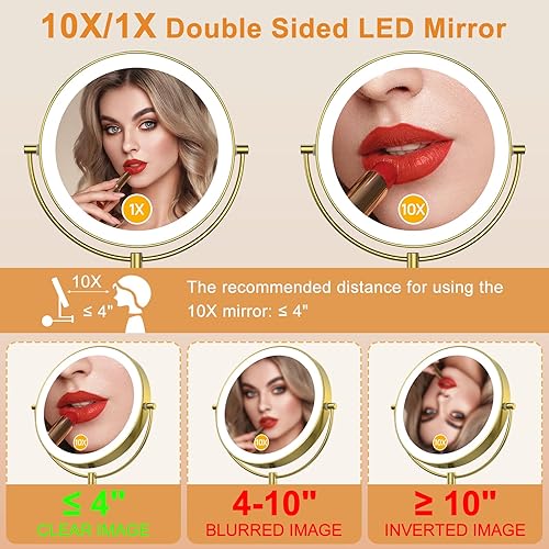 Miniatura 3 de Gospire Espejo de tocador de maquillaje iluminado de 9 pulgadas con 3 luces de color y atenuación continua, aumento LED de doble cara 1X10X, sensor
