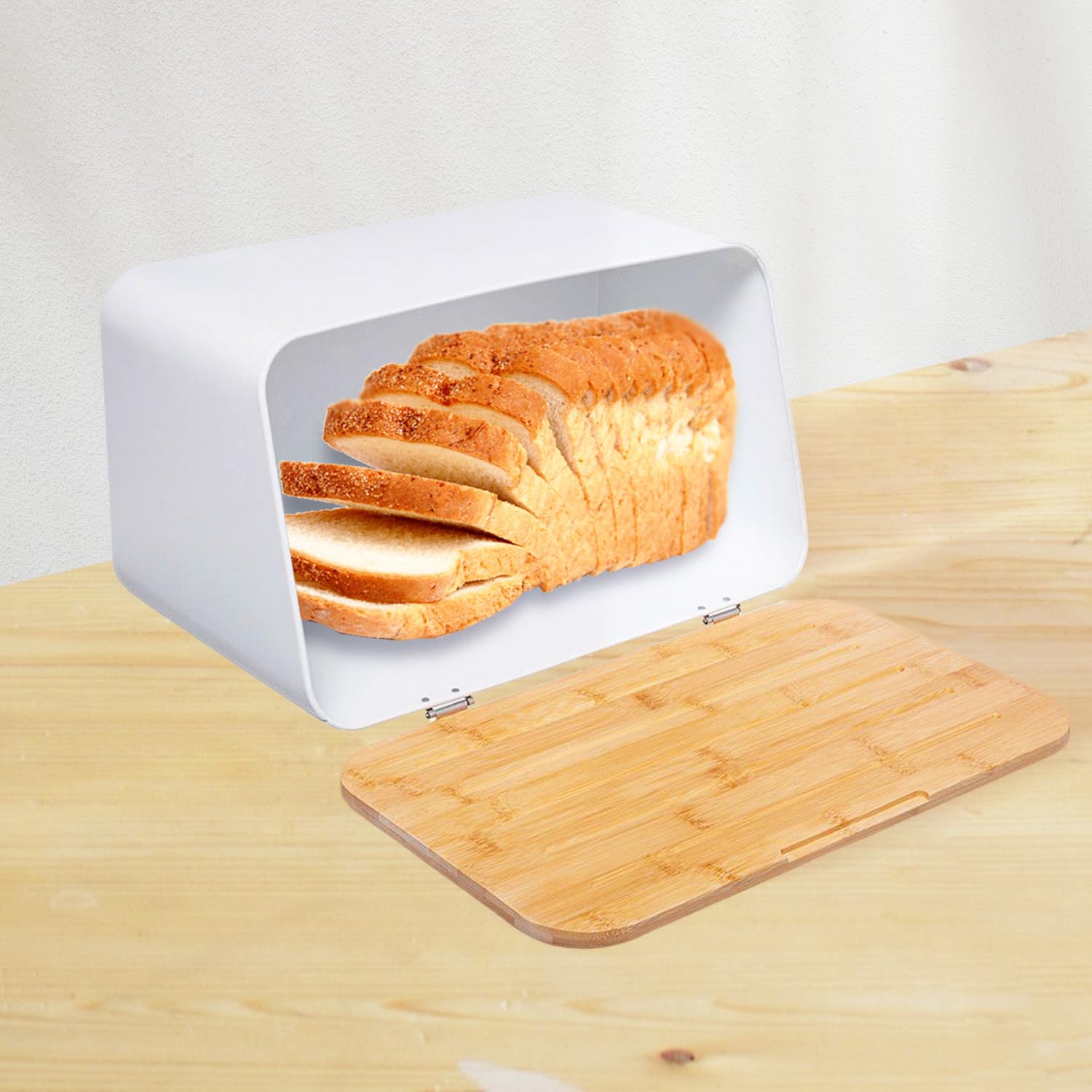 Avilia Panera con tabla de cortar – Caja para el pan con tabla de cortar de metal y bambú, 36,7 x 18,4 x 21,8 cm, blanco y marrón