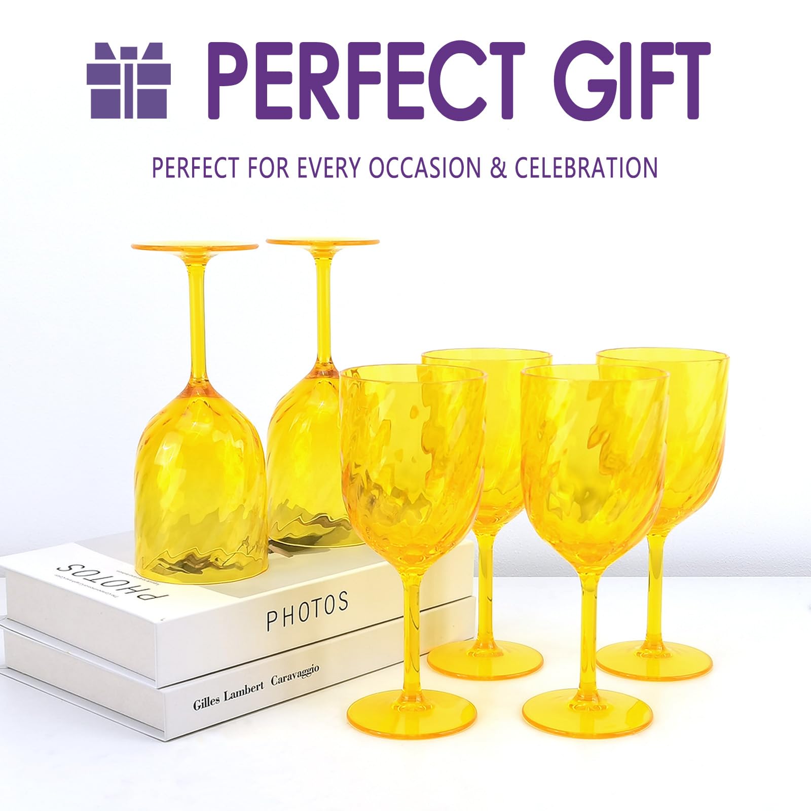 Lot de 6 verres à vin incassables en acrylique 425 ml pour intérieur et extérieur, sans BPA, incassables, jaunes