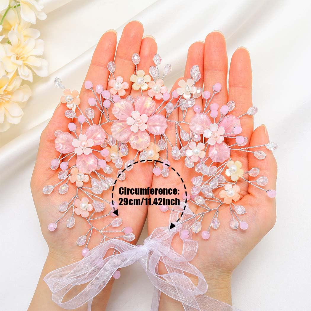 Campsis Flower Girls Hair Accessory Pink Floral Headband Crystal Wedding Bridal Headpiece for Women - Image 2
