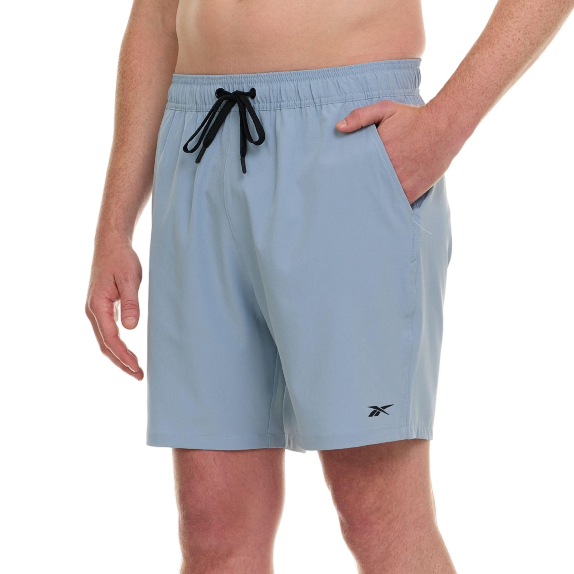 reebok mens swim trunks with mesh liner, 7” inseam quick drying mens bathing suit, board shorts for swimming and beach grey