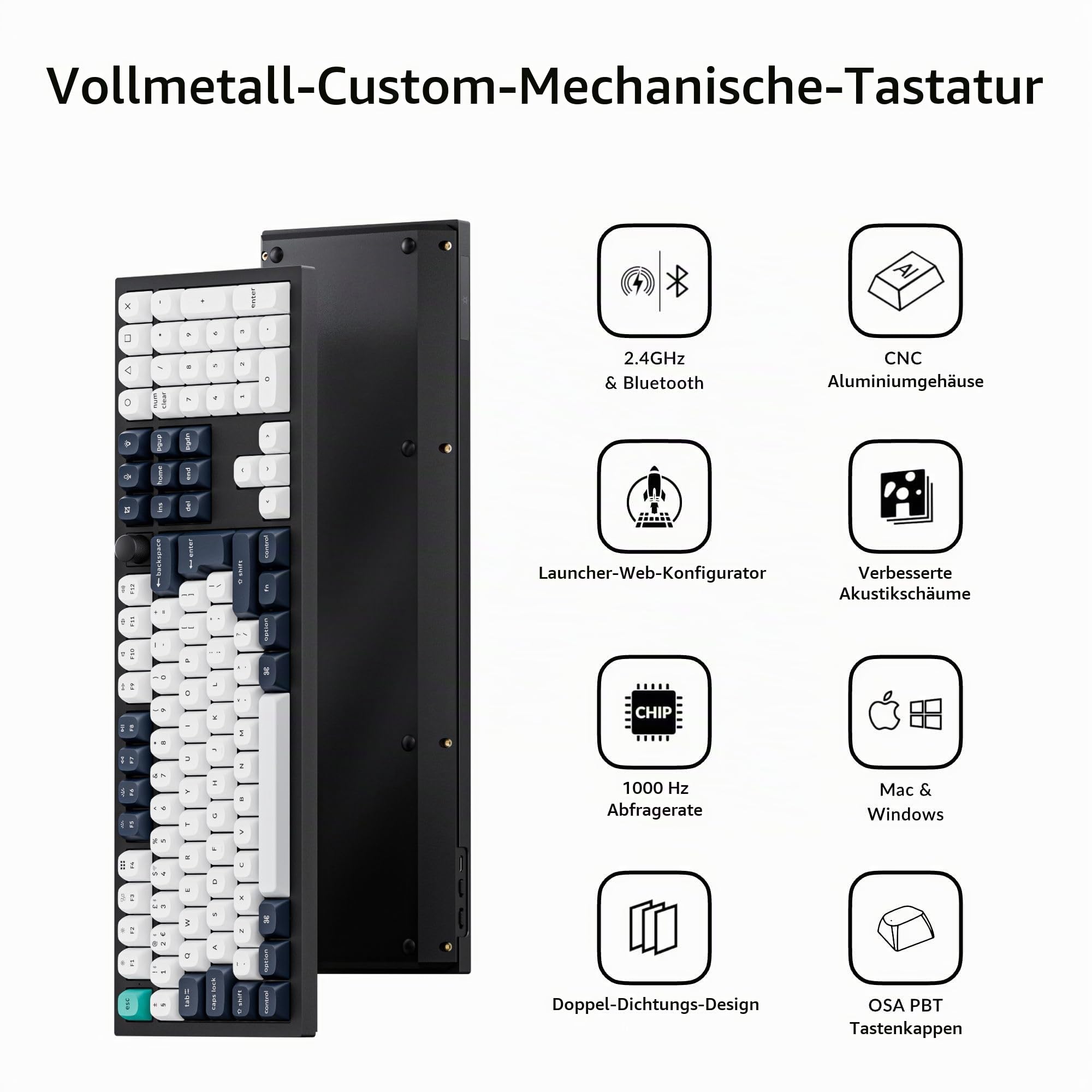 Keychron Q6 Max mechanische Gaming-Tastatur, 2,4 GHz & Bluetooth 5.1, ISO-DE-Layout, CNC-gefrästes Aluminiumgehäuse, programmierbar mit QMK/VIA, für Mac, Windows und Linux, Gateron-Bananenschalter