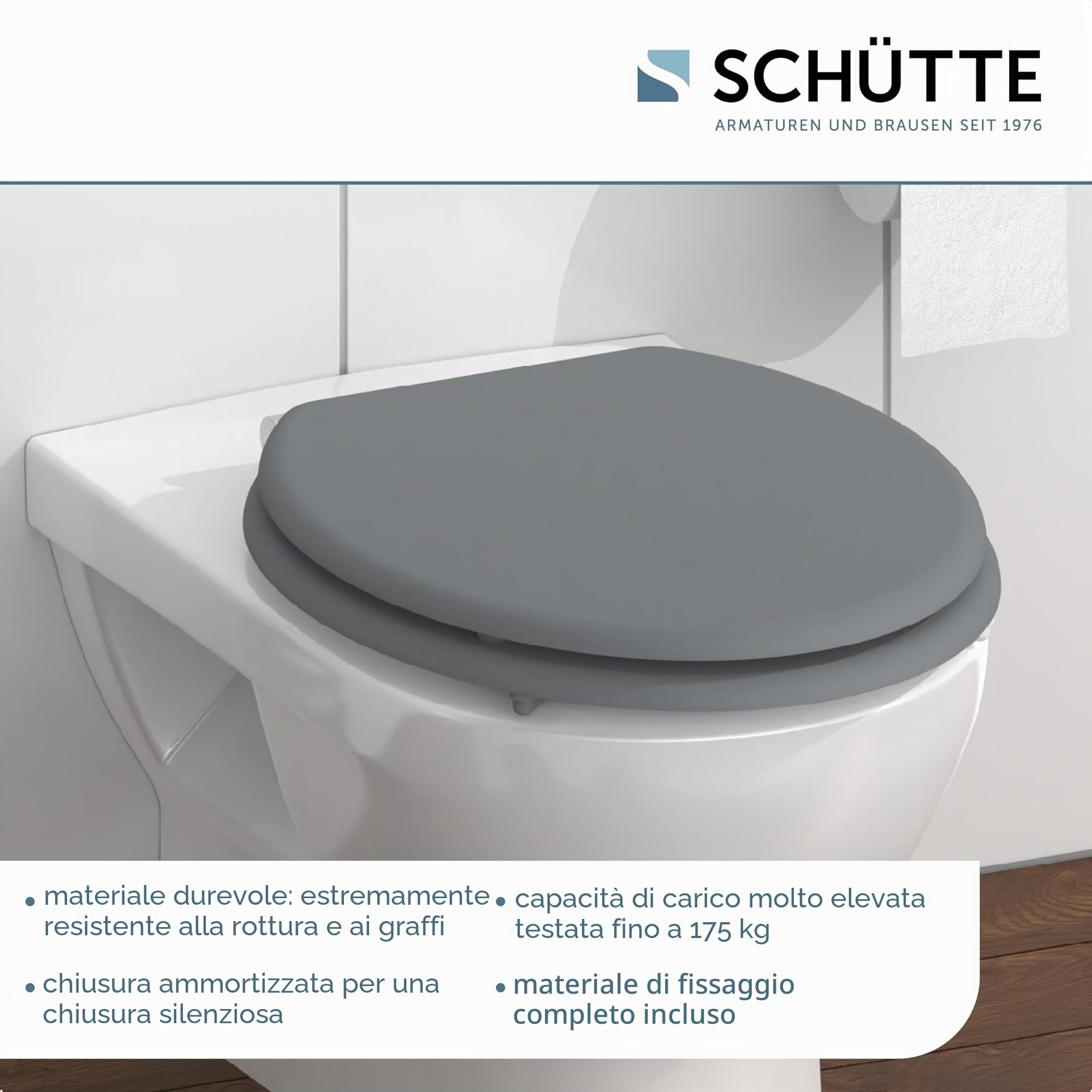 Schütte 80102-A Spirit - Meccanismo di abbassamento automatico in legno, coperchio con anima in legno (carico massimo del sedile WC 150 kg), grigio, grigio