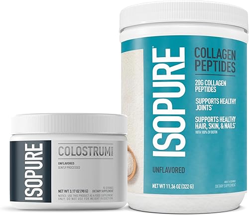 Paquete de suplemento de calostro bovino Isopure en polvo, procesado suavemente, 90 porciones + polvo de péptidos de colágeno Isopure 14 porciones,
