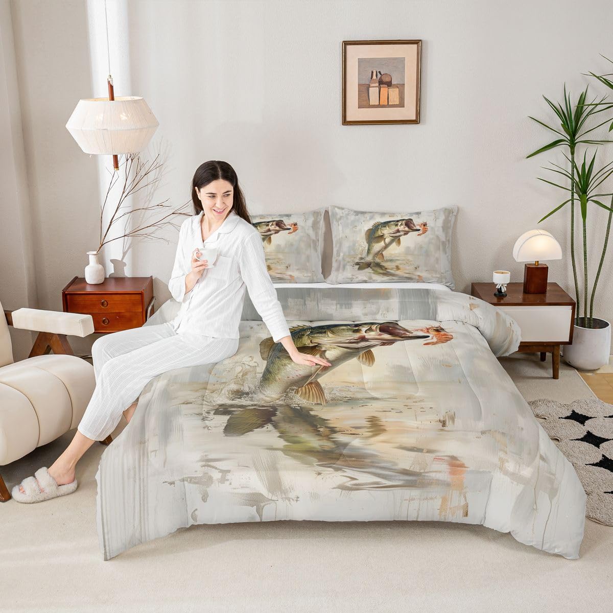 Homemissing Bass Fish Letto Trapuntato Caccia E Pesca Per Ragazzi Ragazze Country Lodge Set Piumini 230x220cm 3 Pezzi Room Decor
