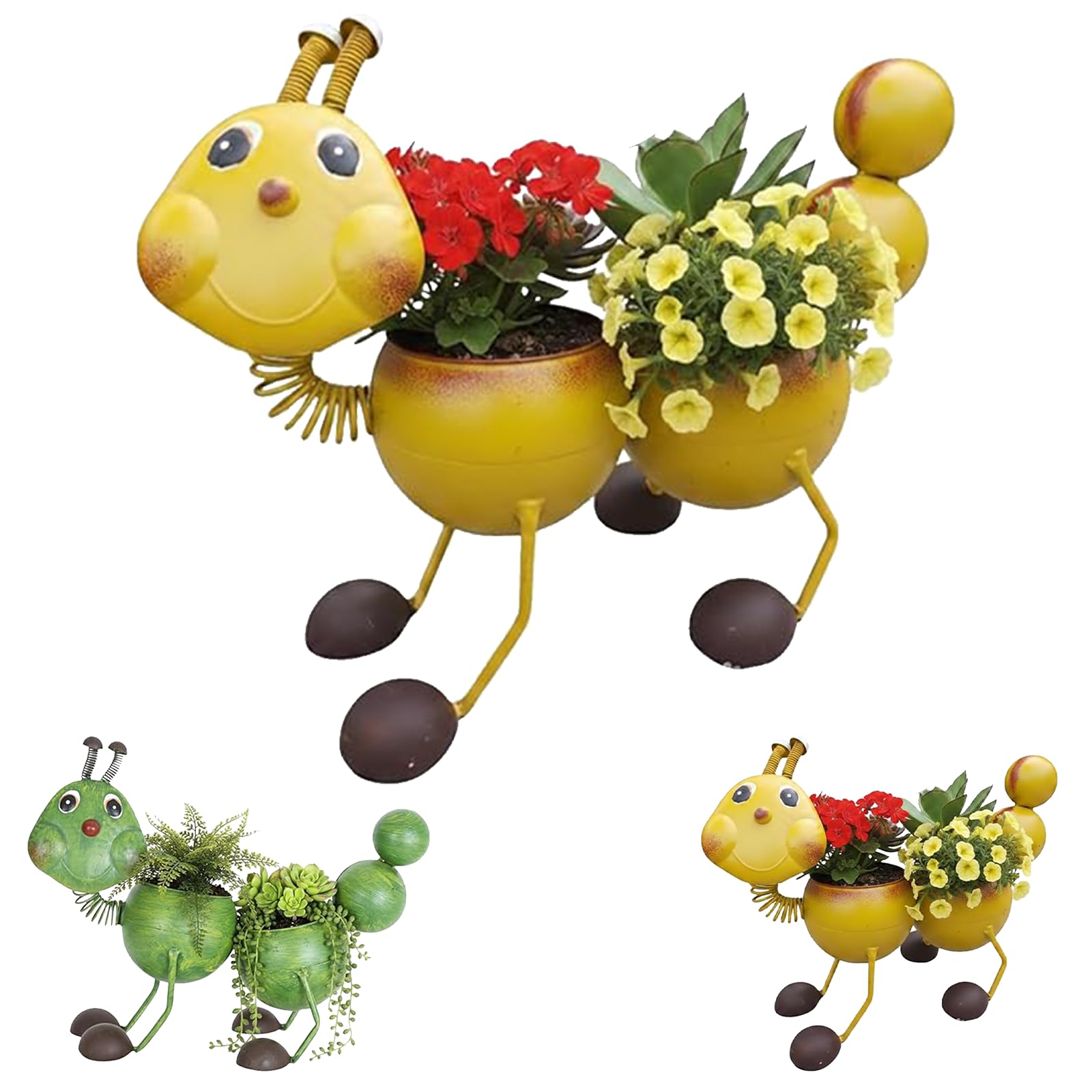 Handgefertigter Pflanzkübel in Raupenform, Rustikale Vintage Gartendeko aus Metall, Origineller Blumentopf für Garten, Terrasse, Hof, Einzigartiges Geschenk für Mama, Gartenliebhaber (Gelb)