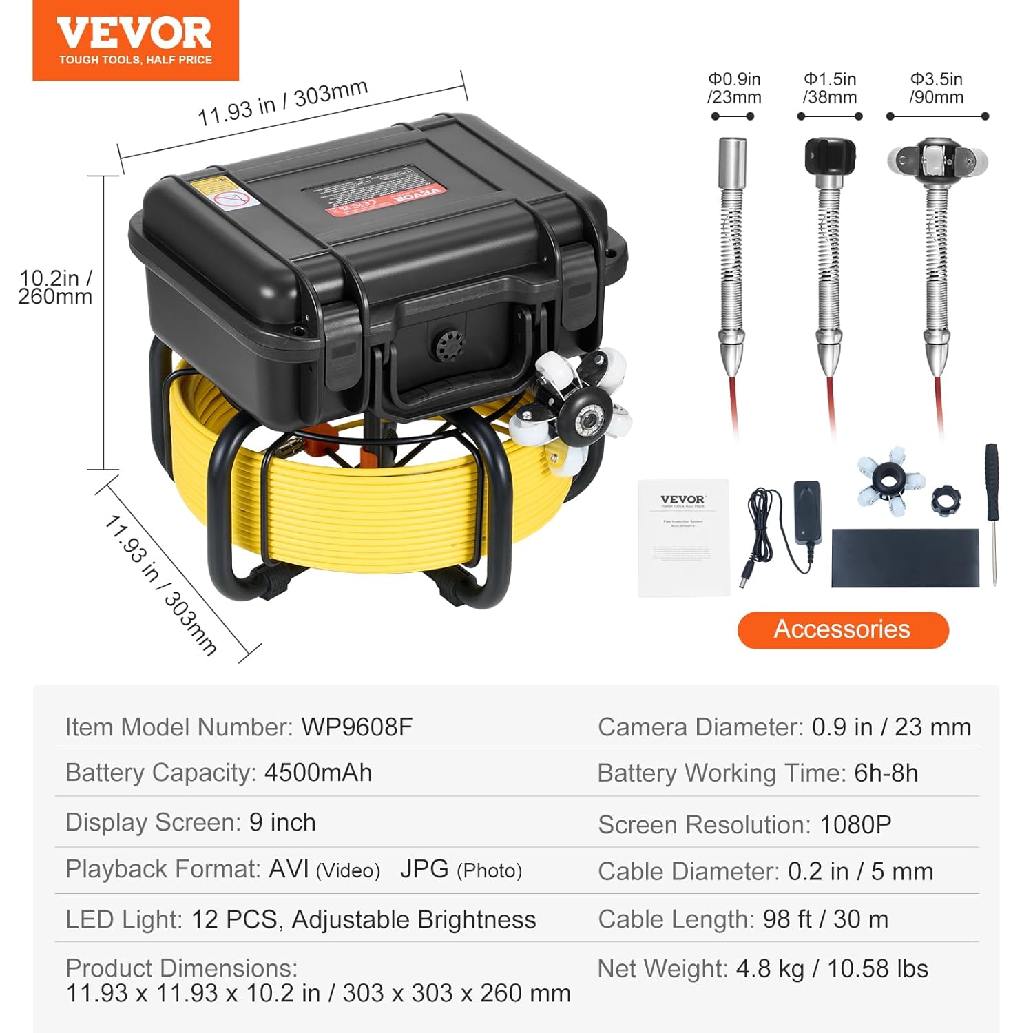 VEVOR Sewer Camera, 98 ft/30m, Self-Leveling Drain Inspection Camera with 9" 1080P HD Screen, 36X Zoom, IP68 Waterproof Plumbing Camera with Lights-12 LED, 32GB Card Snake Camera for Duct Pipe