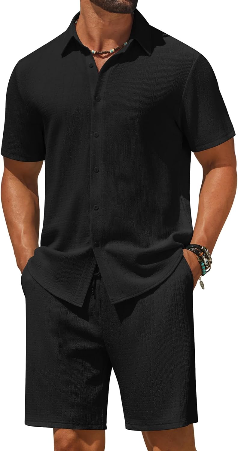 COOFANDY Men's 2 Piece Outfit Casual Short Sleeve Button Down Shirt and Beach Shorts Set Summer Vacation Outfits for Men