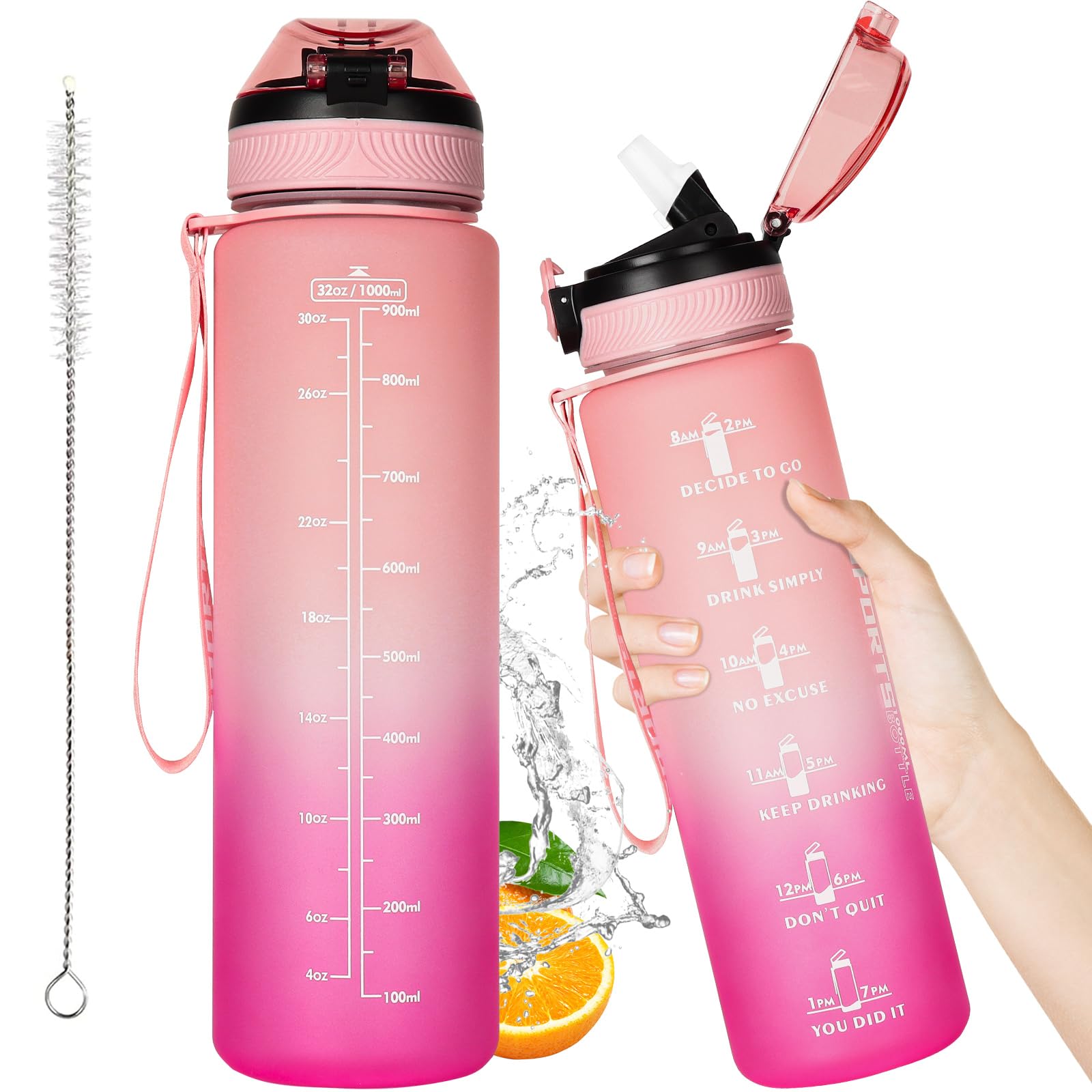 Borraccia 1 litro senza BPA, Borraccia Motivazionale con Cannuccia e Orari per Bere, Borraccia Palestra Antigoccia, Water Bottle per Studio Fitness, Scuola, Ufficio
