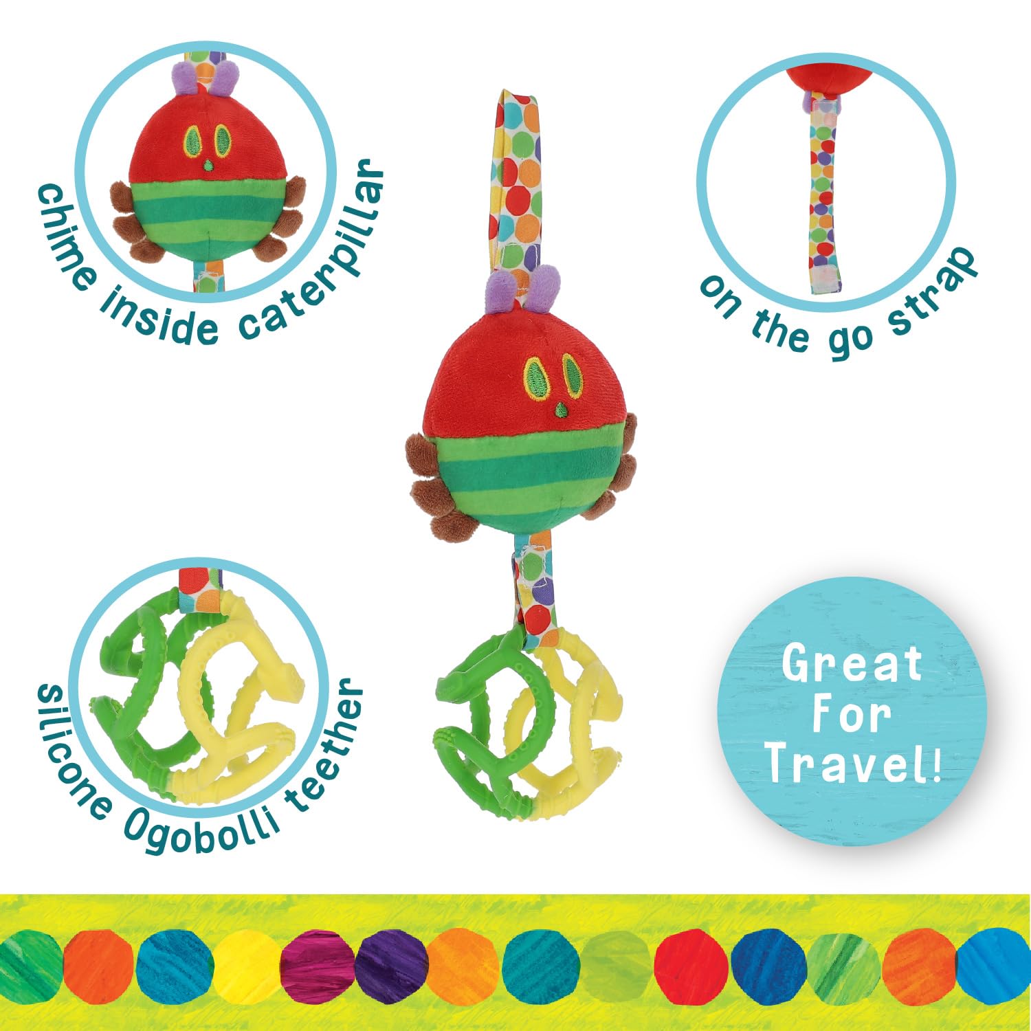Eric Carle Very Hungry Caterpillar Chime Toy with Silicone Gummi Ogobolli – Makes Sound When Shaken and Great for Teething – Hanging Loop for On The Go