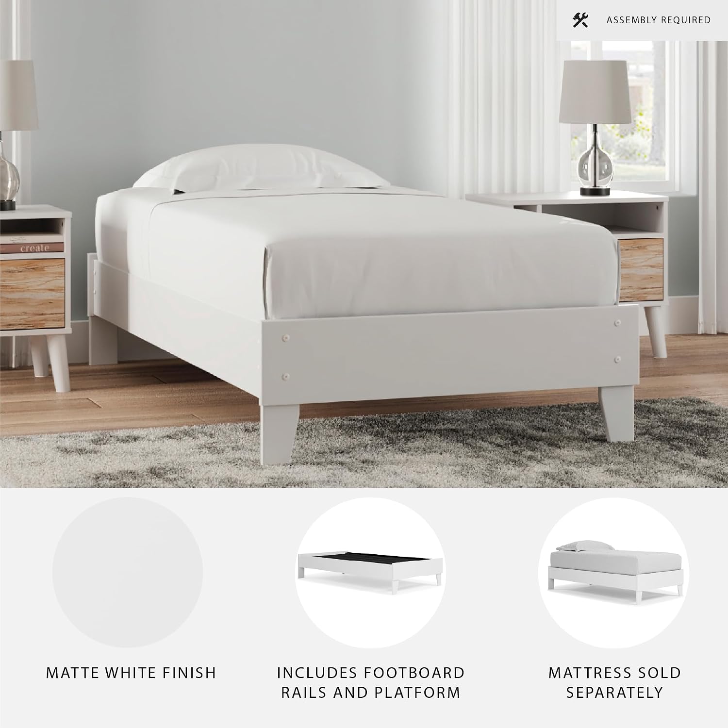 Signature Design by Ashley Piperton Modern Casual Youth Platform Bed Frame, Twin, White