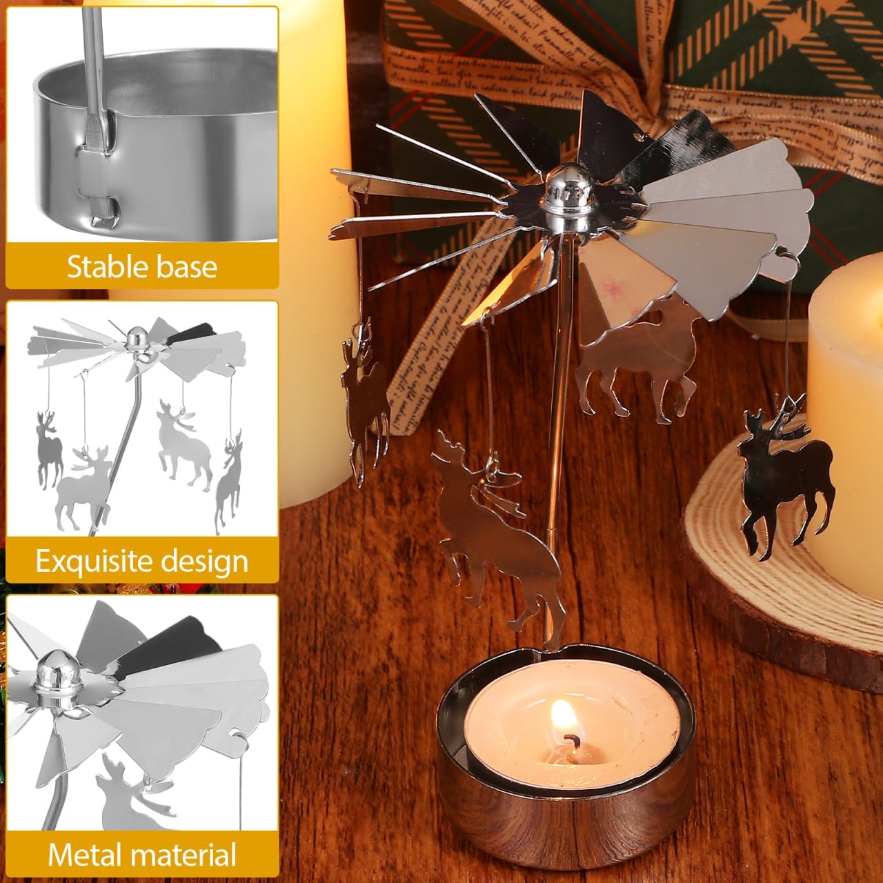 SEWACC 3pcs Rotating Candle Holders, Spinning Tea Light Candle Holders, Silver Snowflake Metal Candleholder, Christmas Desktop Ornament for Holiday Decor