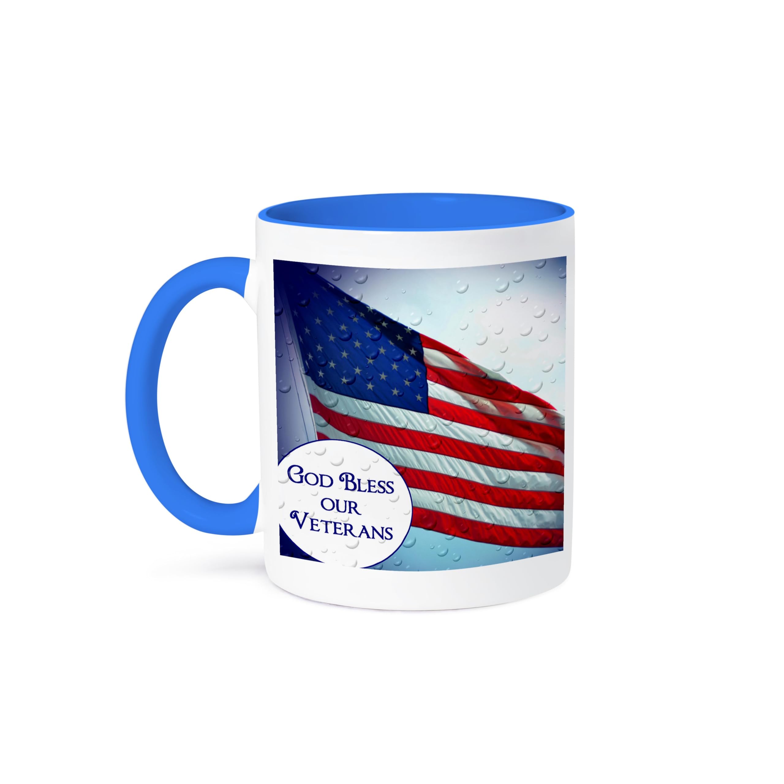 3dRose (mug_157321_6) An American Flag with text God Bless our Veterans - Two Tone Blue Mug, 11oz