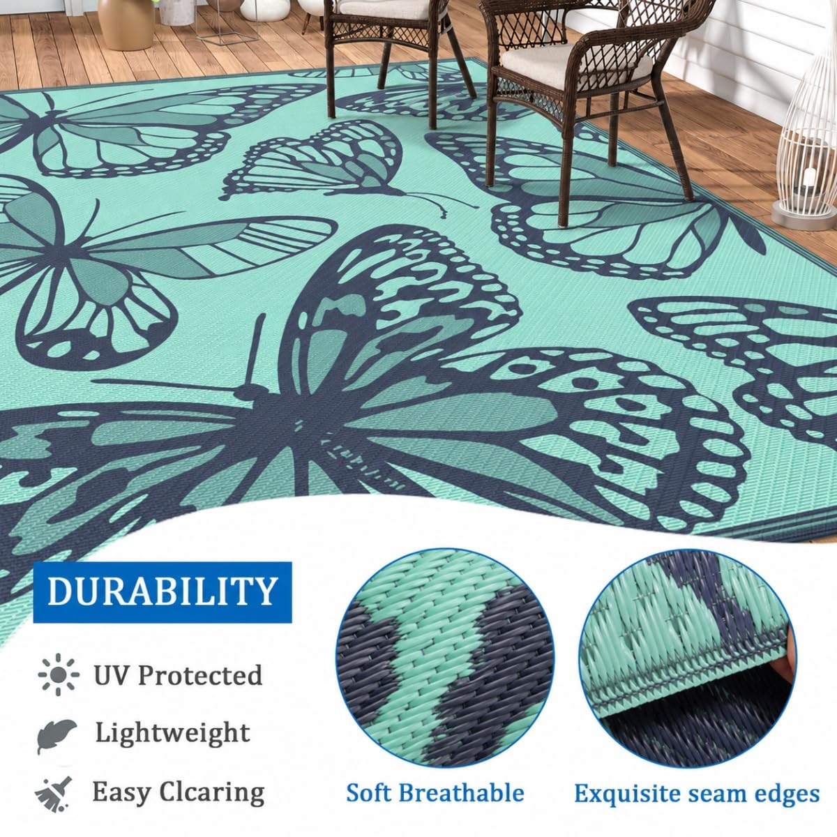 Hiseng Tapis d'extérieur Terrasse Imperméable, Tapis de Sol à Motif Papillon Réversible en Plastique Résistant aux UV Pliable Portable pour Balcon, Jardin, Camping, Pique-Nique (Vert,182x274cm)