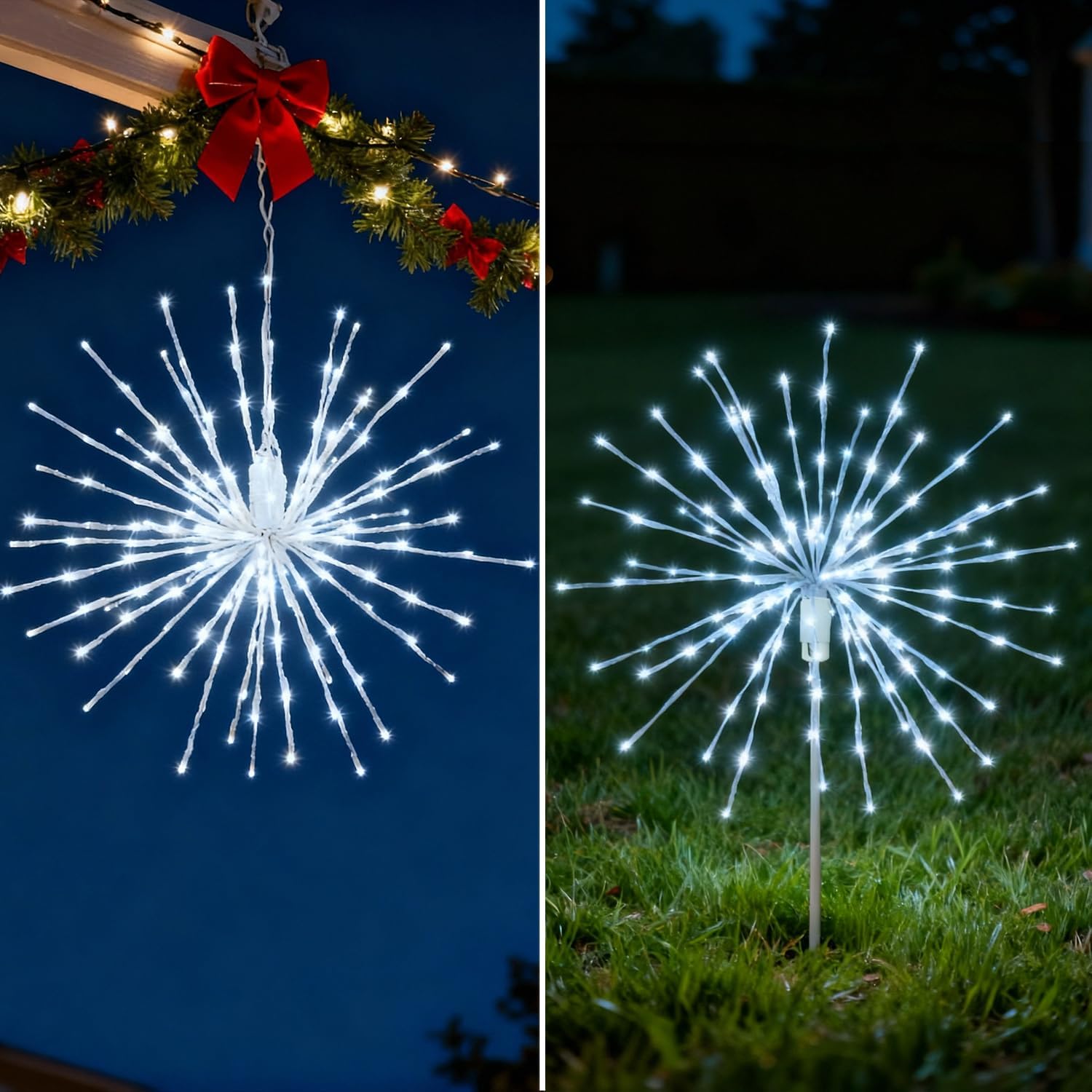 LIGHTSHARE 24'' Starburst Light Lighted Ball 160 LED Firework Lights Twinkle White Hanging Ball Dual-use for Patio Walkway Pathway Decoration Indoor/Outdoor, BZQ24IN-W-W