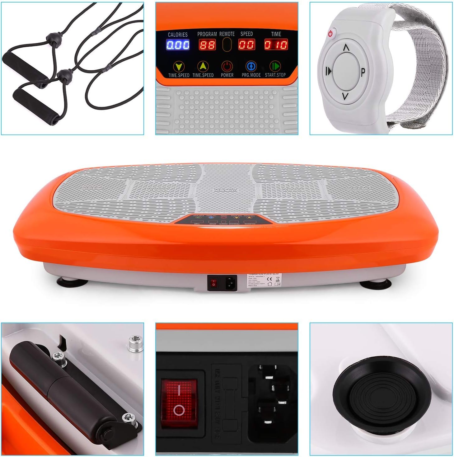 Close-up view of the ANCHEER 3D Vibration Fitness Platform showing the power switch, power inlet, and a foot pad.