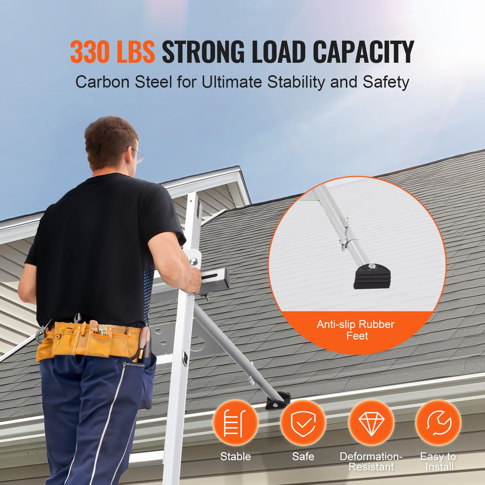 VEVOR Stabilisateur d'Échelle de Toit en Acier Carbone avec Accessoires, Pieds Réglables Extension, Capacité de Charge 150 kg, Compatible avec Différentes Formes d'Échelles pour Gouttière de Toit