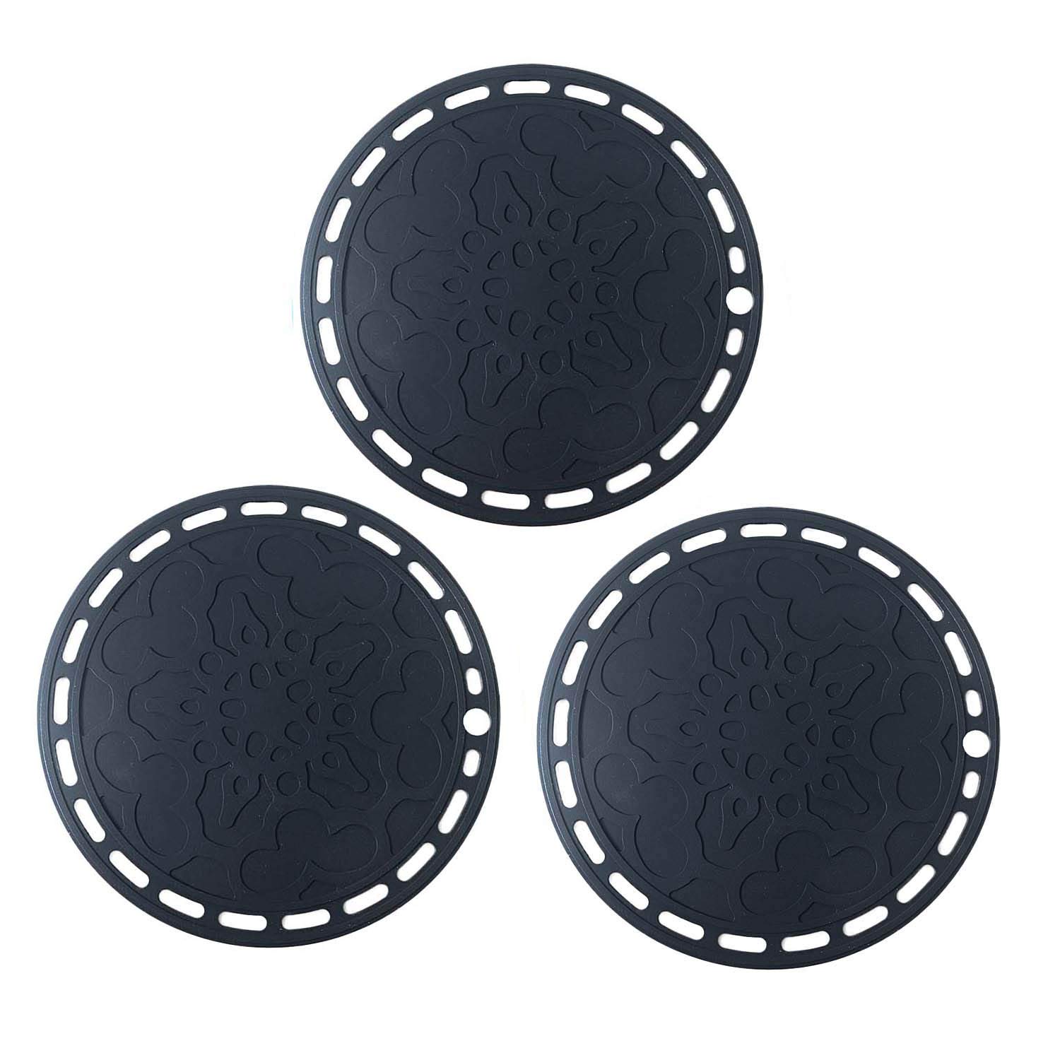 Silicone Trivet Mat 7.87" Multi-Use Hot Pads Round Pot Holders Heat Resistant Non Slip Flexible Durable Hot Pot for Dishes,Countertops,Tables Set of 3 (Black)