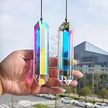 HDCRYSTALGIFTS Set of 2 5" Crystal Prisms for Indoor Windows with Coloured Hexagonal Crystals AB Rainbow Dream Catcher for Christmas Patio