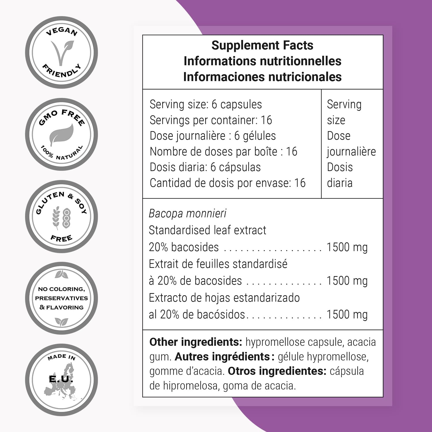 Supersmart Bacopa Monnieri 1500mg per Day (High Bioavailability) - Bacopa Extract - Active Bacosides Nootropic Supplement | Non-GMO & Gluten Free - 100 Vegetarian Capsules