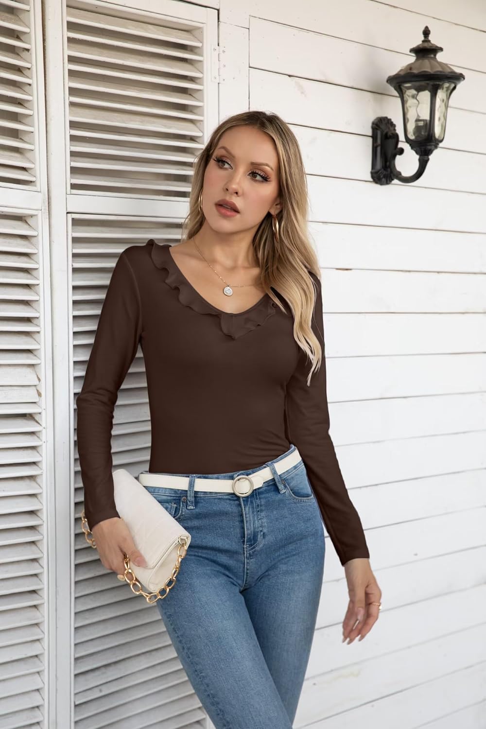 VICHYIE Womens Long Sleeve Shirts V Neck Ruffle Hem Slim Fitted Ribbed Knit Trendy Tee Tight Tops - Image 5