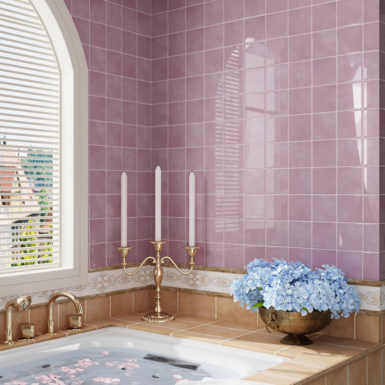 CRE8TIVE 16 Sheets Peel and Stick Tiles Backsplash, 12"x12" Backsplash Tile for Kitchen Peel and Stick, Adhesive Waterproof Tile Stickers for Bathroom, Laundry Room, Shower Walls (Pastel Pink Square)