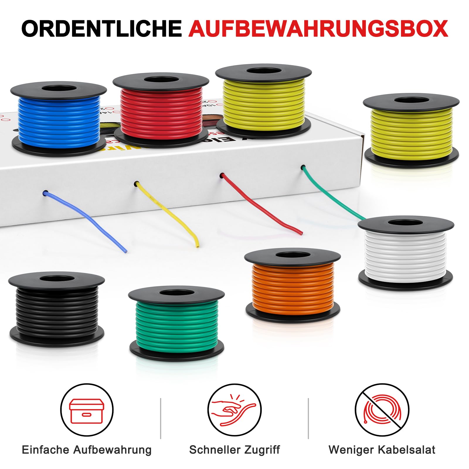 18 AWG Silikon Kabel Set 0,75 mm², 8 Farben 10 m pro Rolle, Extra Flexibler Litzendraht aus Verzinntem Kupfer, Komplett Set mit Schrumpfschlauch, Kabelbinder und Abisolierer für DIY, KFZ, RC, LED