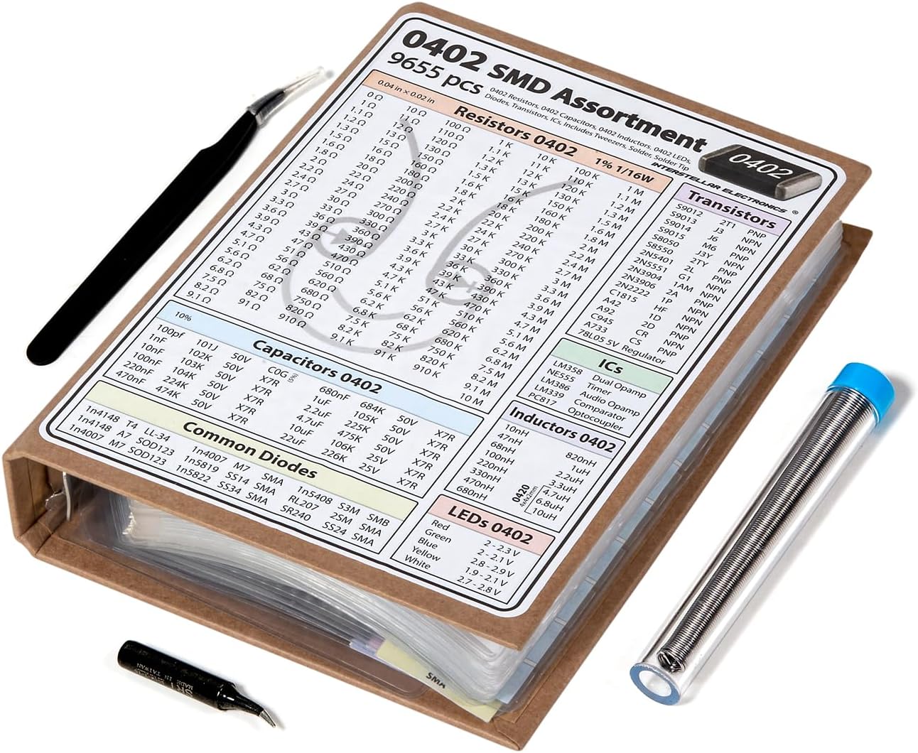 SMD 0402 Resistors, Capacitors, Transistors and Electronic Components Assortment SMT Book - 9655 pcs